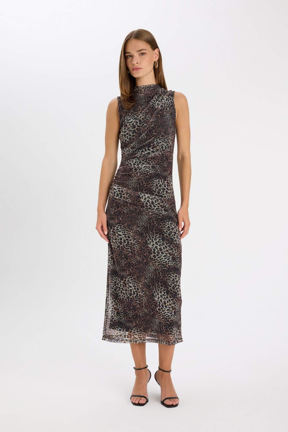DeFacto Bodycon Vücuda Oturan Bisiklet Yaka Leopar Desenli Tül Kolsuz Maxi Elbise D5061AX24AU görsel 3