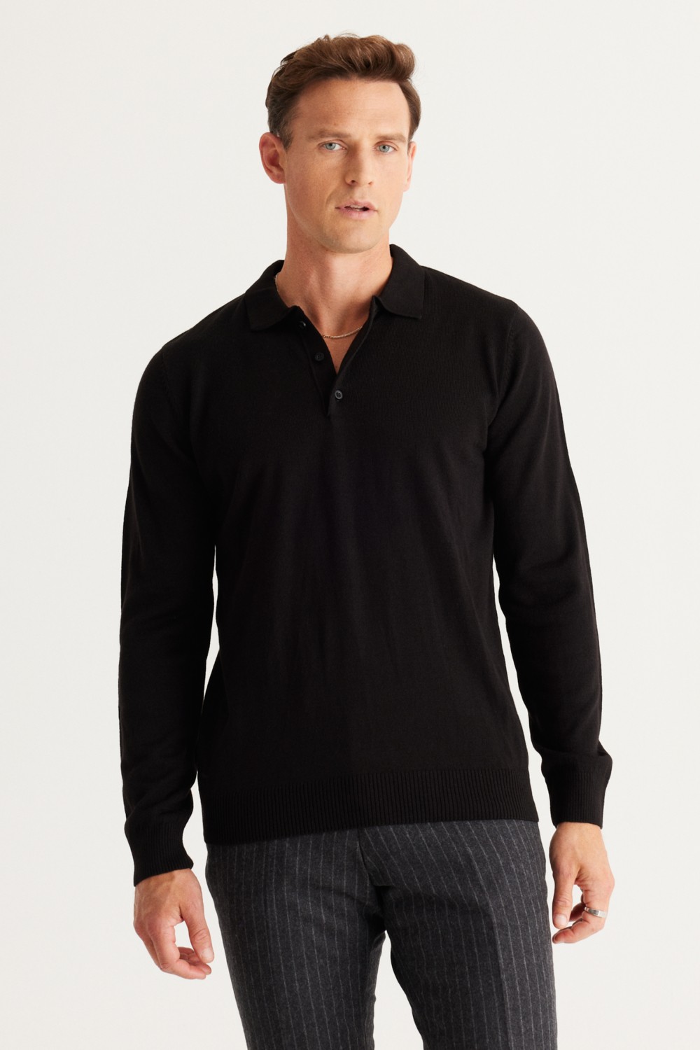 Altınyıldız Classics ALTINYILDIZ CLASSICS Erkek Siyah Tüylenme Yapmayan Anti Pilling Kumaş Standart Fit Normal Kesim Polo Yaka Triko Kazak