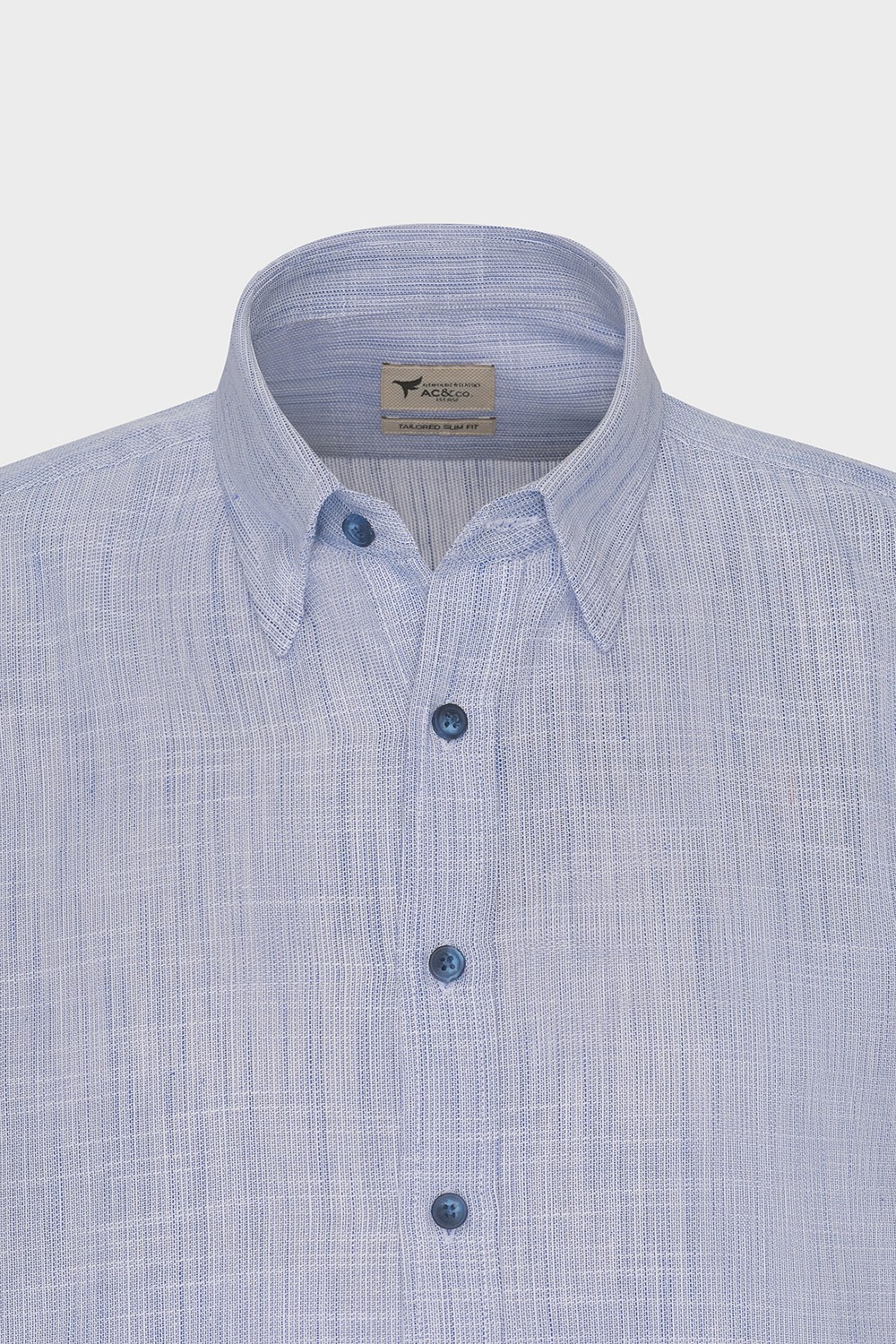 Altınyıldız Classics Erkek Mavi %100 Pamuk Slim Fit Dar Kesim Gizli Düğmeli Yaka Keten Görünümlü Flamlı Gömlek görsel 8
