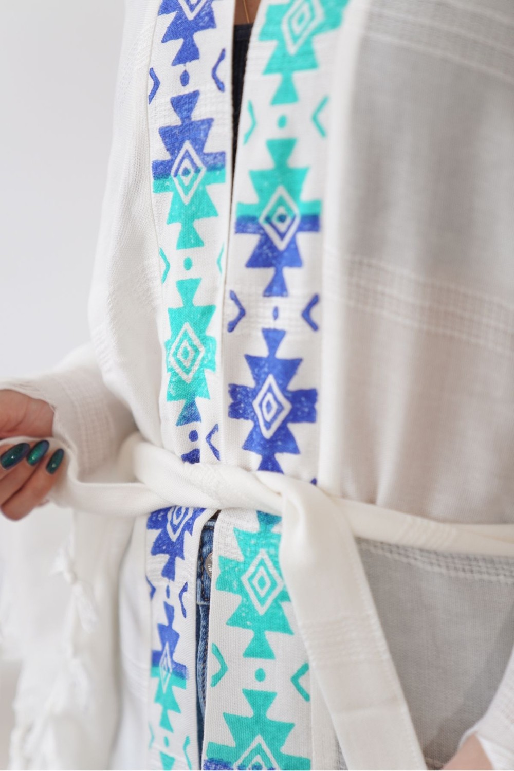 Hiera Made Organik Ağaç Baskı Organik Mavi Kök Boya Baskılı Kilim Desen Kısa Bambu Kimono görsel 5