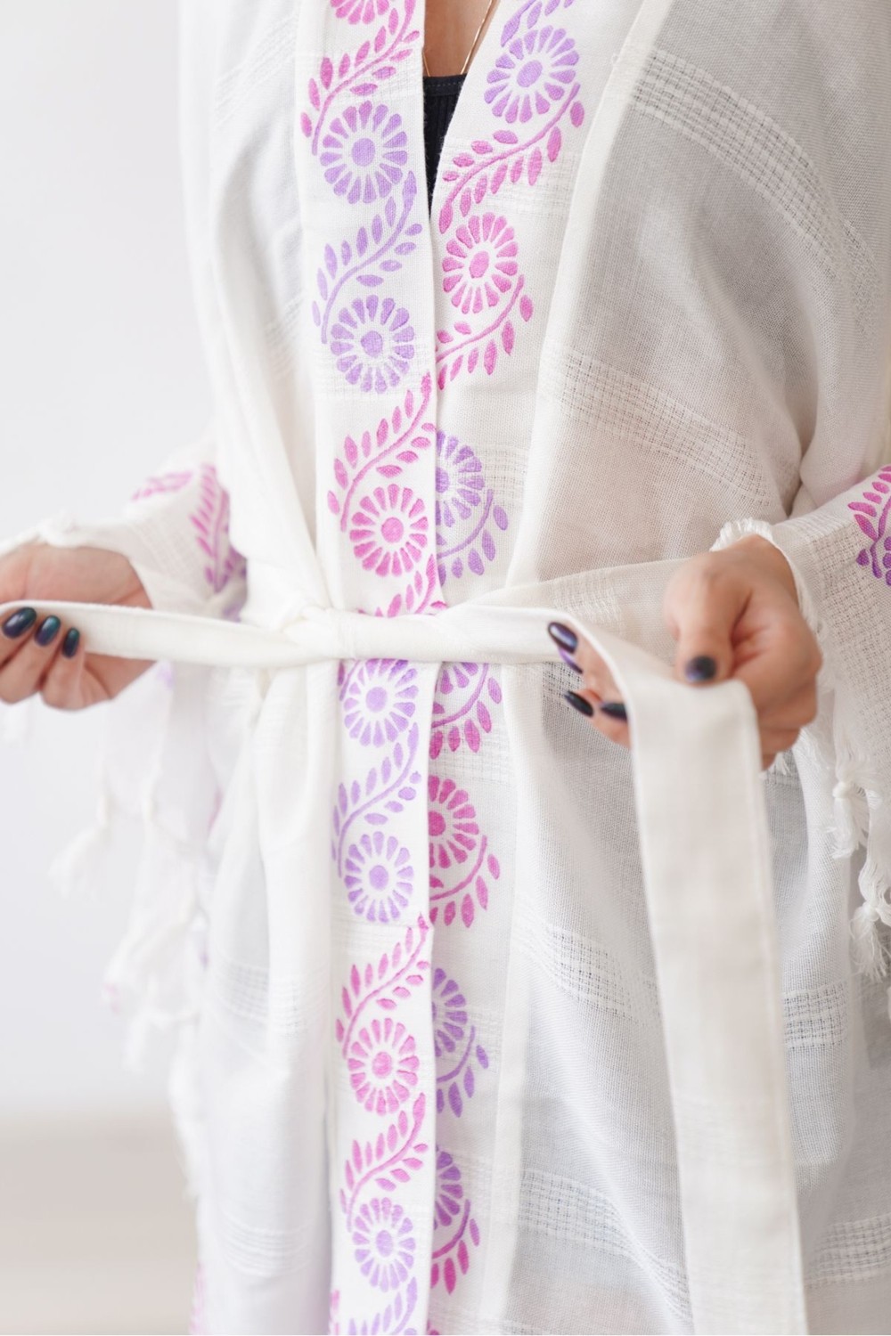 Hiera Made Organik Ağaç Baskı Organik Pembe Kök Boya Kısa Bambu Kimono görsel 5