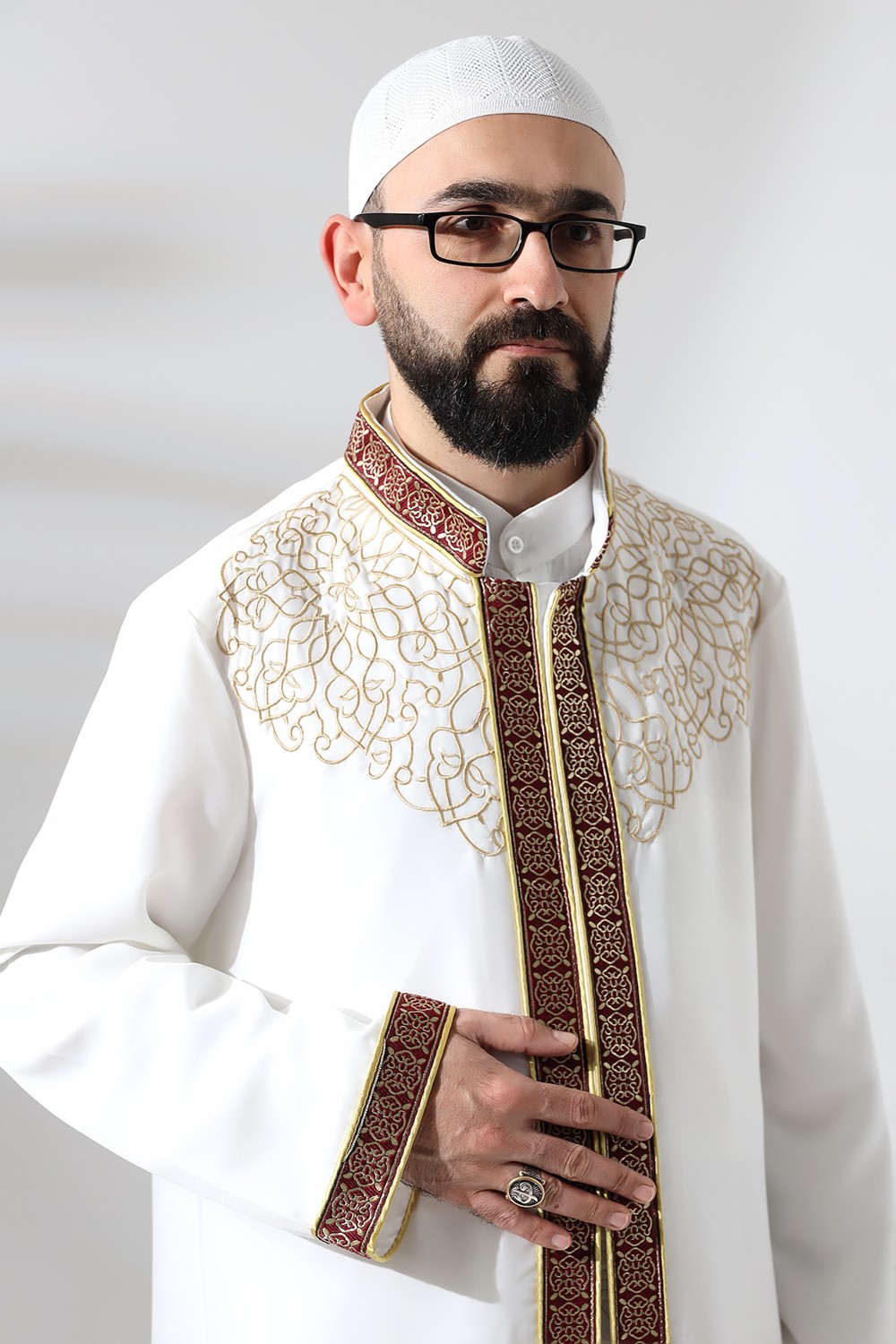 İhvan Online Lacivert Hakim Yaka Erkek Namaz Elbisesi Şerit Nakış Işlemeli Imam Cübbesi görsel 3