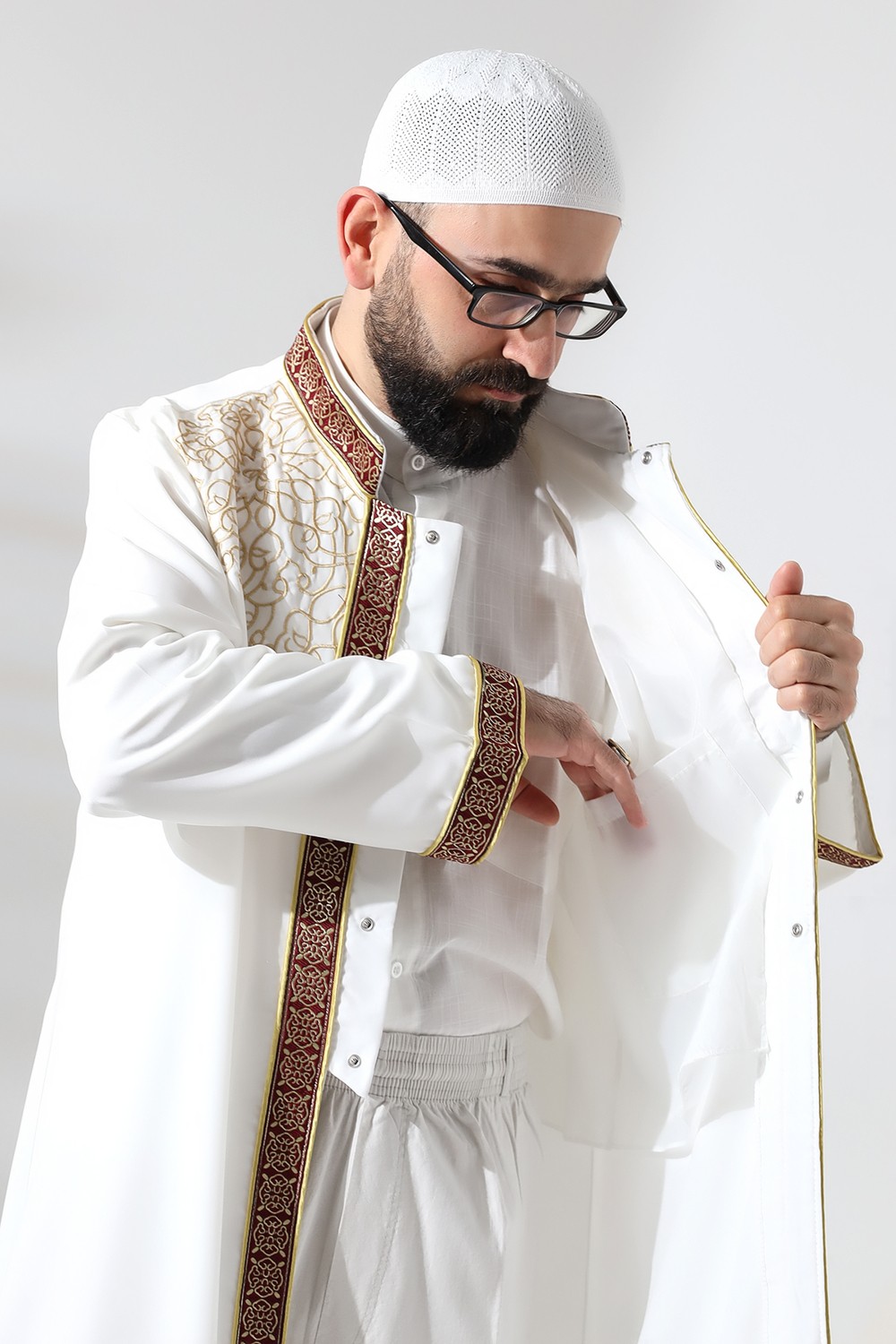 İhvan Online Lacivert Hakim Yaka Erkek Namaz Elbisesi Şerit Nakış Işlemeli Imam Cübbesi görsel 5