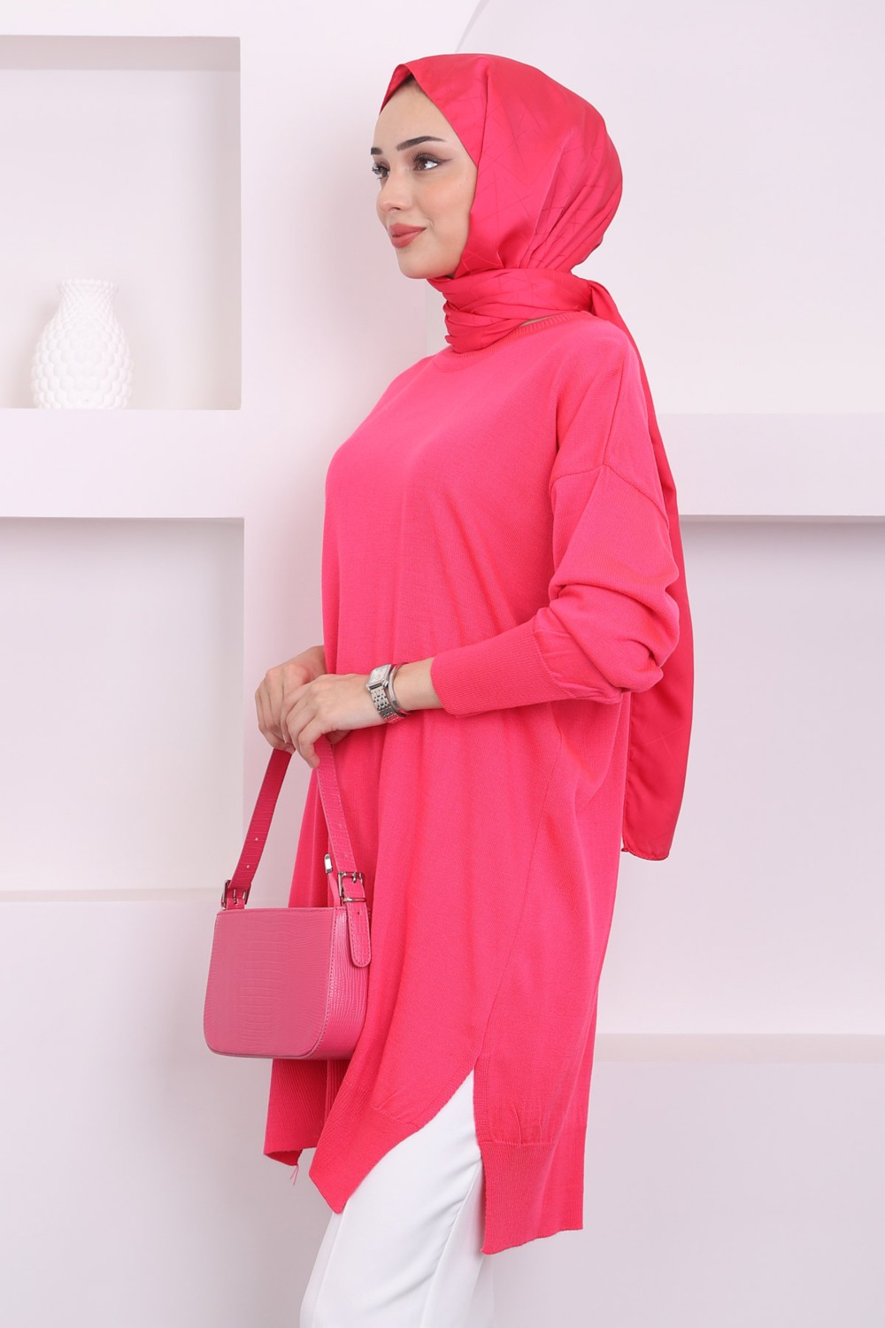 İmaj Butik K. Yağyeşili Salaş Triko Tunik Kadınlar İçin Akrilik Kumaş ve Bisiklet Yaka Tasarımı görsel 5
