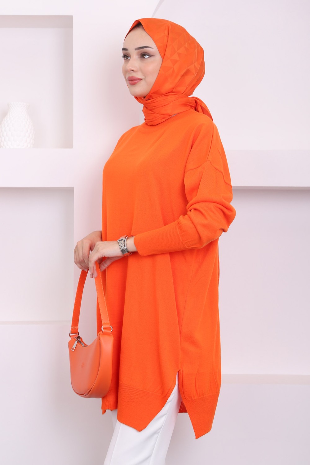 İmaj Butik K. Yağyeşili Salaş Triko Tunik Kadınlar İçin Akrilik Kumaş ve Bisiklet Yaka Tasarımı