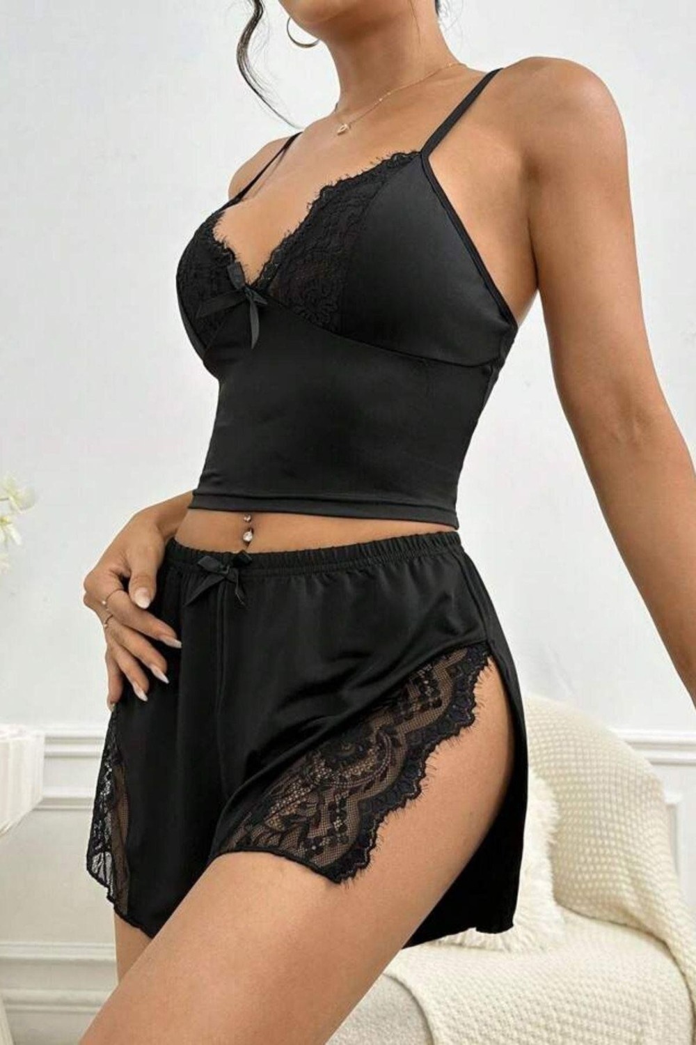 Bella Notte Siyah Yırtmaçlı Şort Gecelik Takım görsel 5