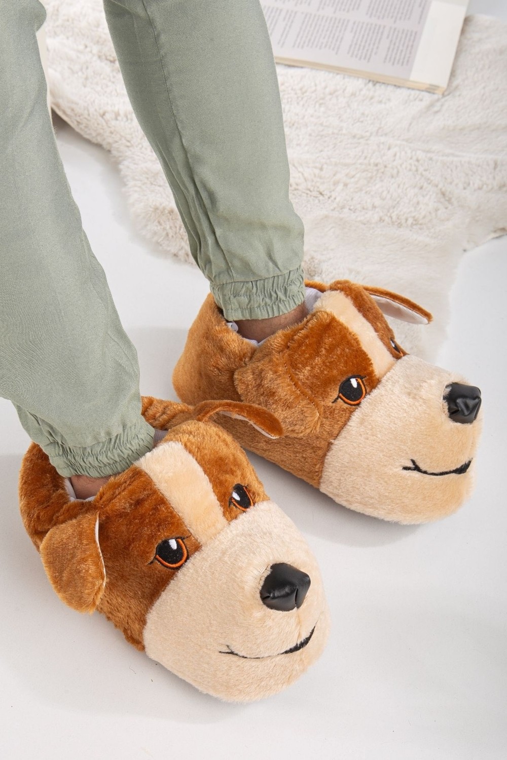 Albishoes Erkek Köpek Figür Sessiz Taban Peluş Ev Botu Kaydırmaz Kışlık Hafif Sevimli Panduf