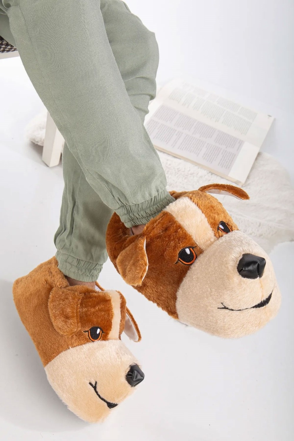Albishoes Erkek Köpek Figür Sessiz Taban Peluş Ev Botu Kaydırmaz Kışlık Hafif Sevimli Panduf görsel 2