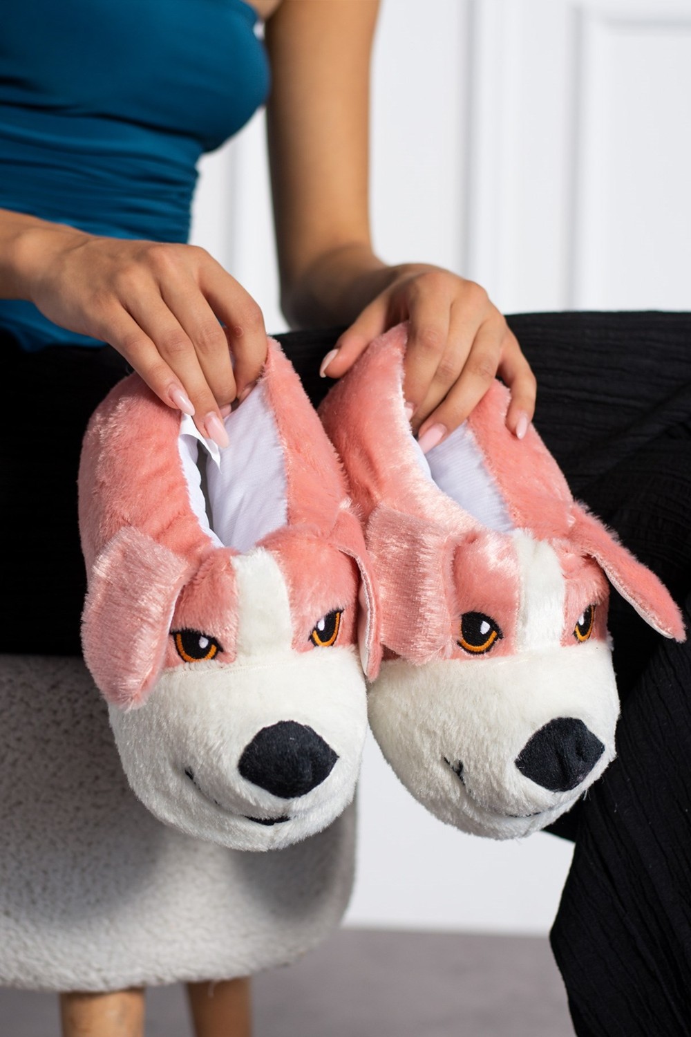 Albishoes Sevimli Köpek Hayvan Figürlü Peluş Yumuşak Taban Ev Botu Kışlık Hayvanlı Ev Panduf (30-40) görsel 7
