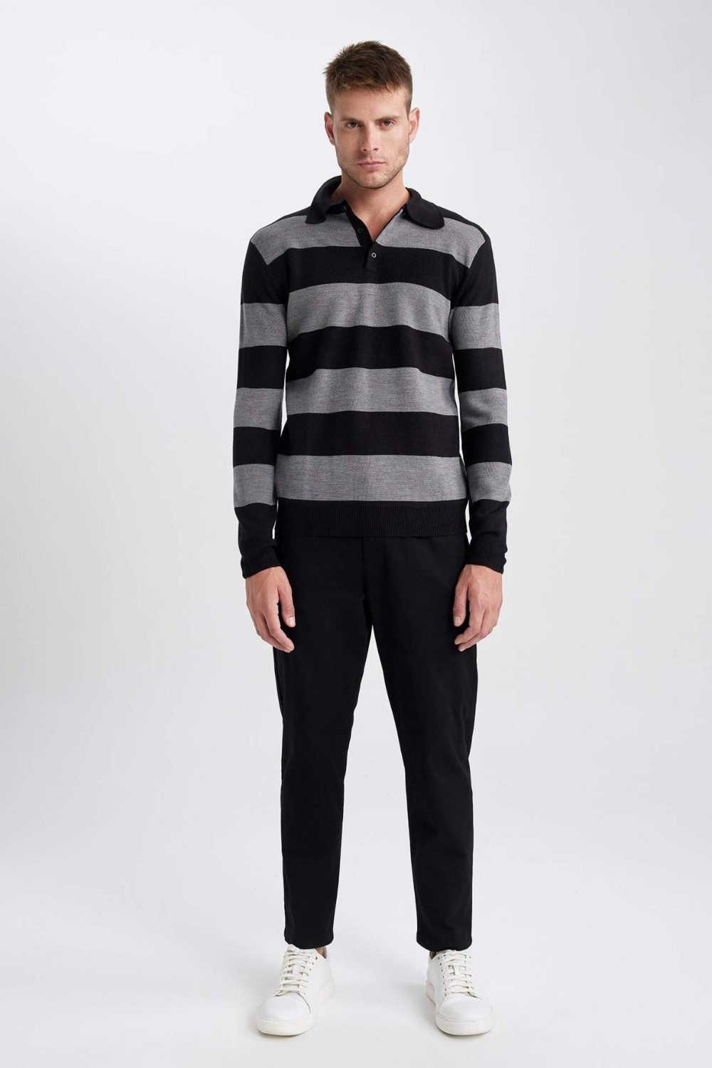 DeFacto Erkek Standart Fit Polo Yaka Kazak Lacivert-NV64 Renkli Çizgili Tasarım görsel 2