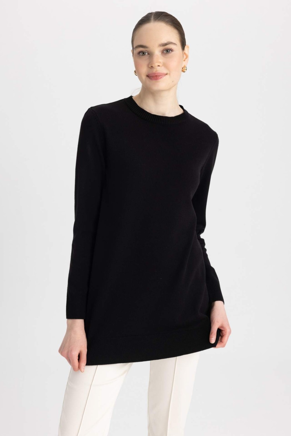 DeFacto Regular Fit Bisiklet Yaka Yırtmaçlı Basic Düz Triko Kazak Tunik H3431AZ23WN görsel 5