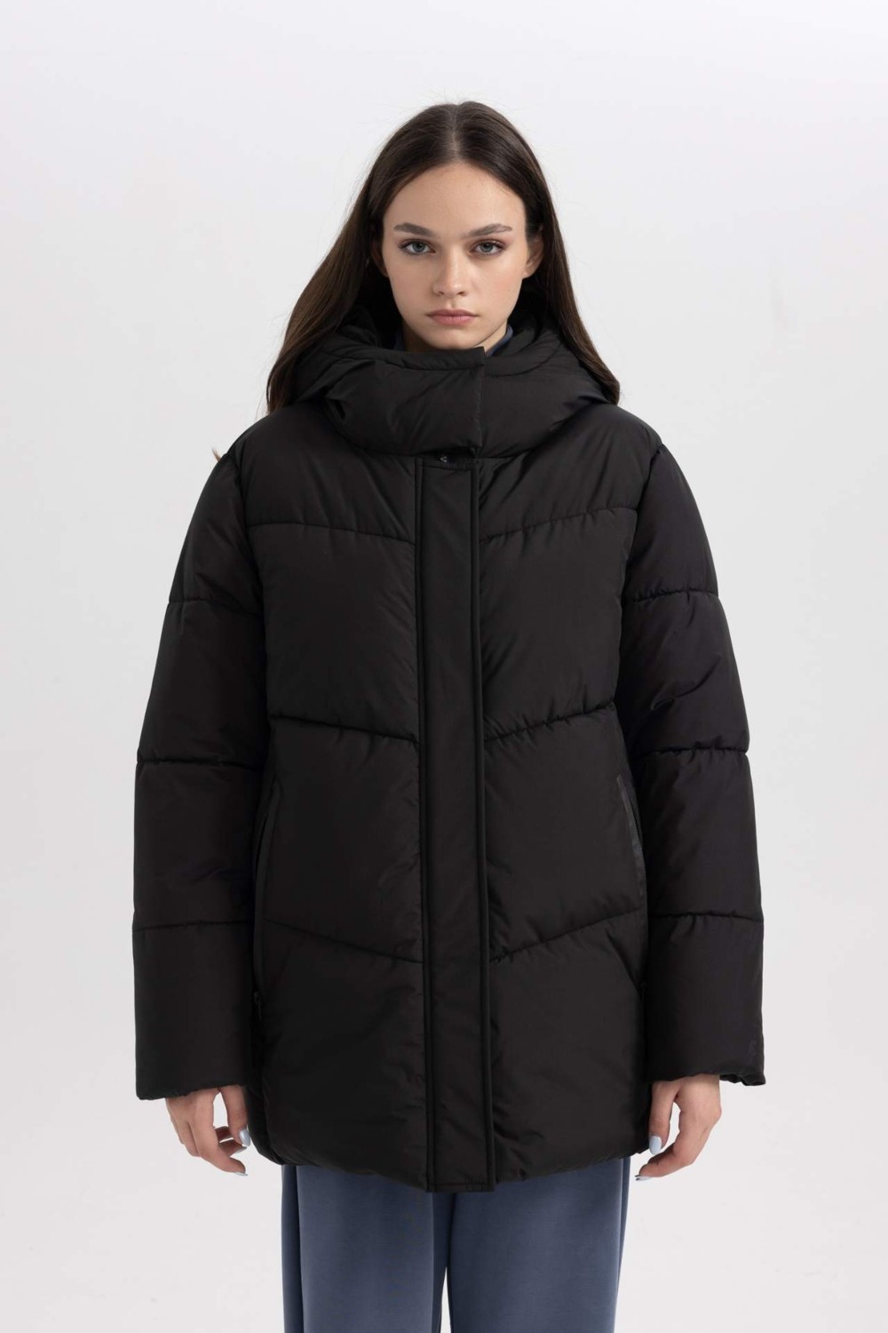 DeFacto Fit Kadın Kapüşonlu Polar Astarlı Puffer Şişme Su Geçirmez Mont Siyah-BK81 2XL Uzun Kol A1553AX23WN görsel 4