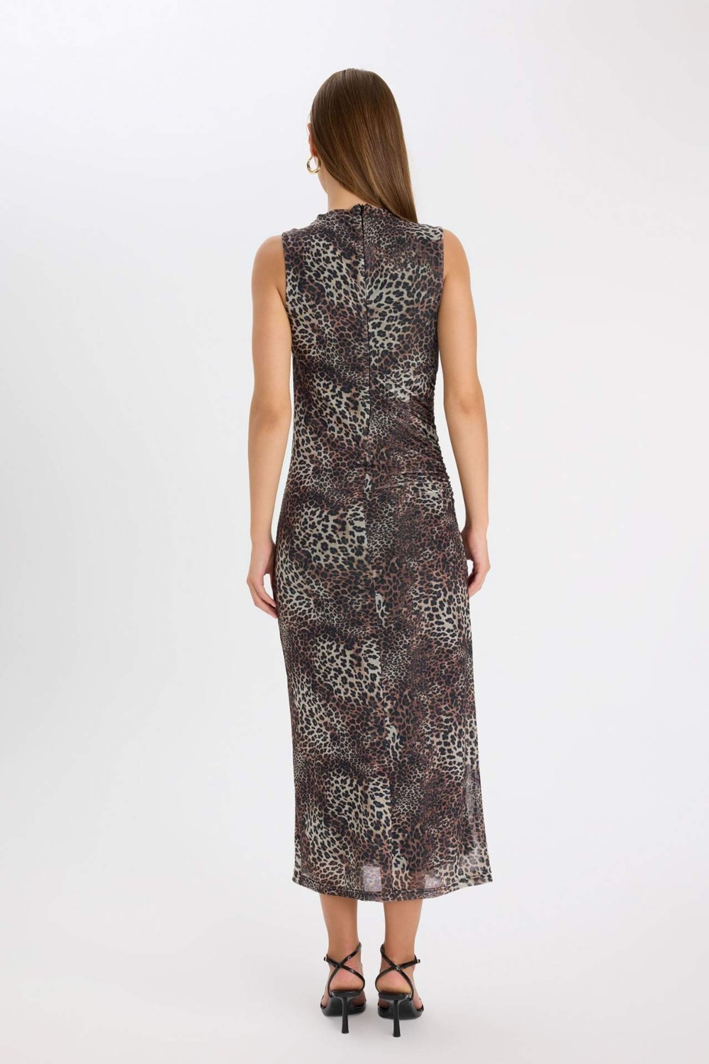 DeFacto Bodycon Vücuda Oturan Bisiklet Yaka Leopar Desenli Tül Kolsuz Maxi Elbise D5061AX24AU görsel 6