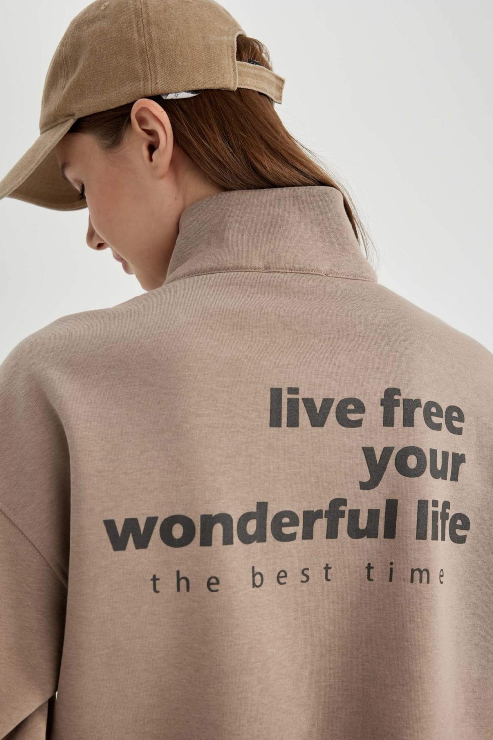DeFacto Regular Fit Fermuarlı Dik Yaka Baskılı İçi Yumuşak Tüylü Kalın Sweatshirt Tunik görsel 6