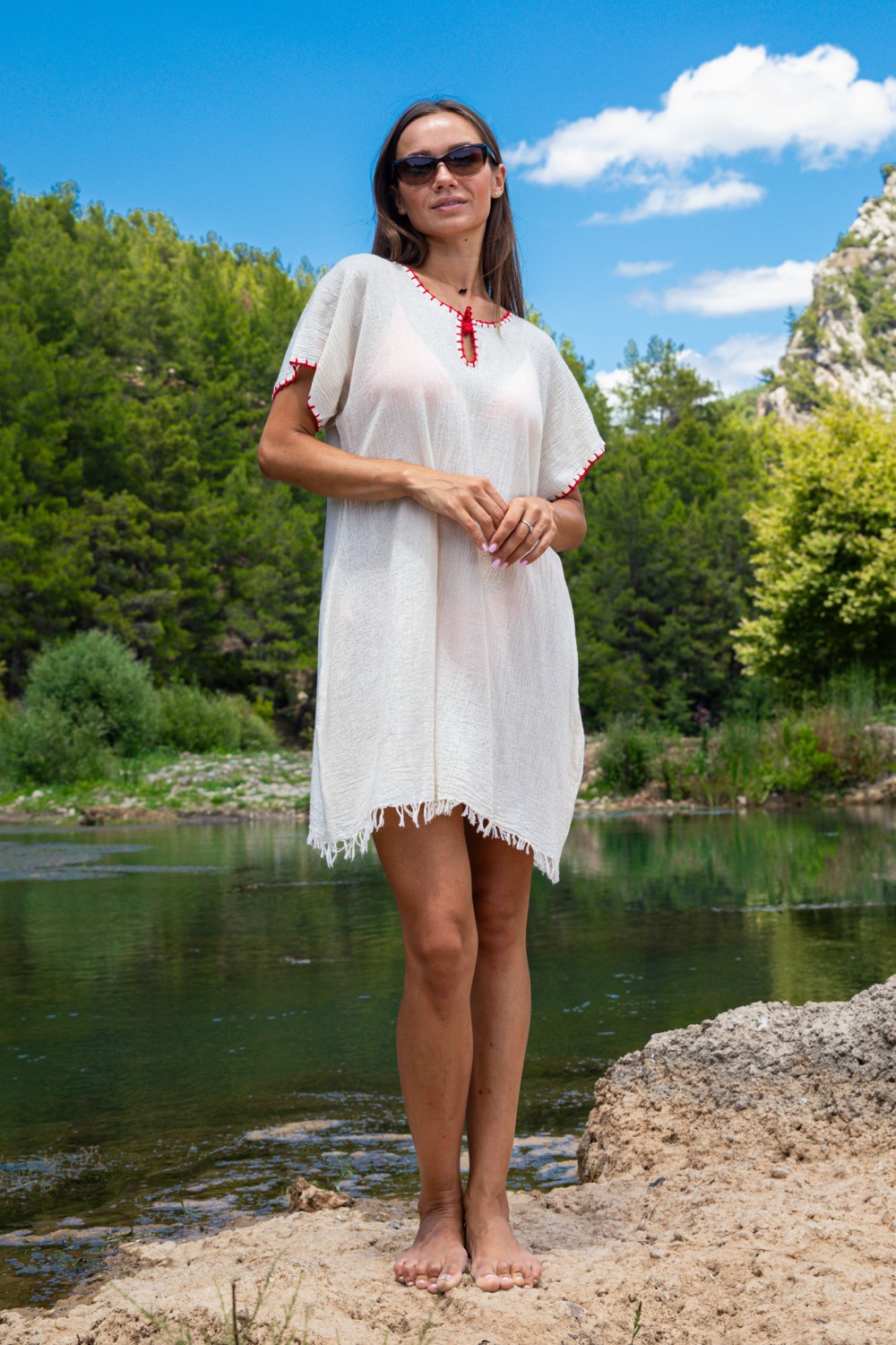 Dokubba Geniş Kesim Plaj Elbisesi, Pamuk, El Yapımı Iğne Oyalı, Püsküllü, Ince ve Özel Dokuma
