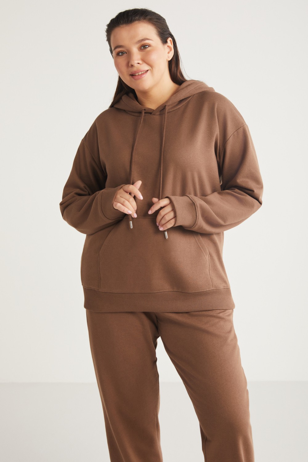 Ethiquet Terezabb Kadın İçi Polarlı Yumuşacık Comfort Fit Kapüşonlu Kanguru Cep Yeşil Büyük Beden Sweatshirt