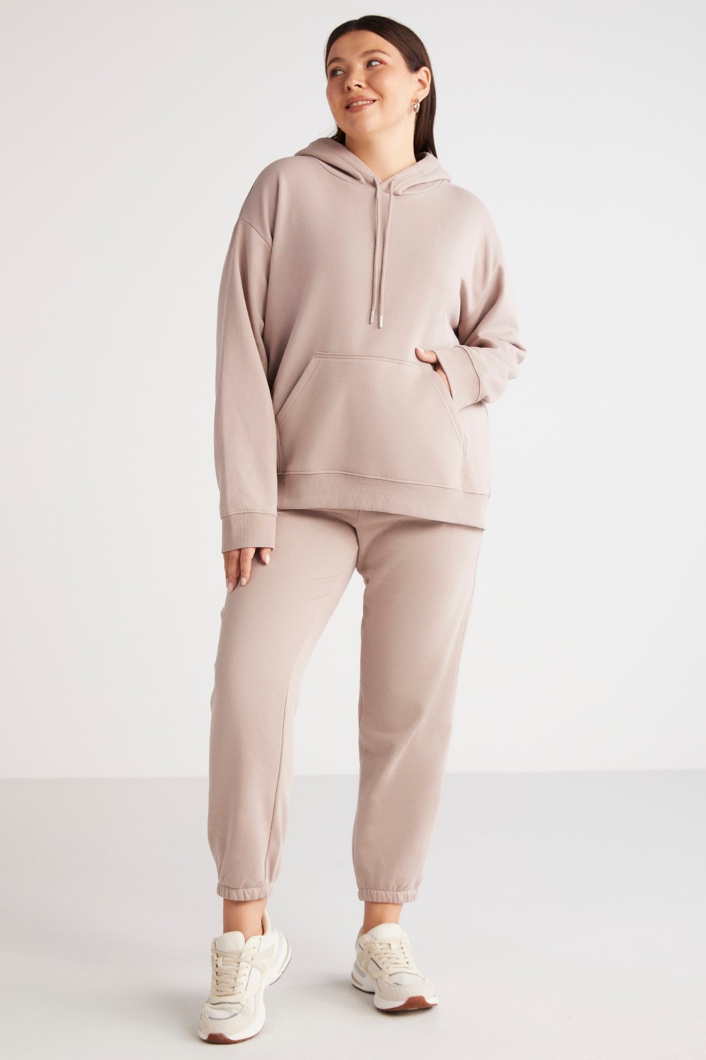 Ethiquet Terezabb Kadın İçi Polarlı Yumuşacık Comfort Fit Kapüşonlu Kanguru Cep Yeşil Büyük Beden Sweatshirt