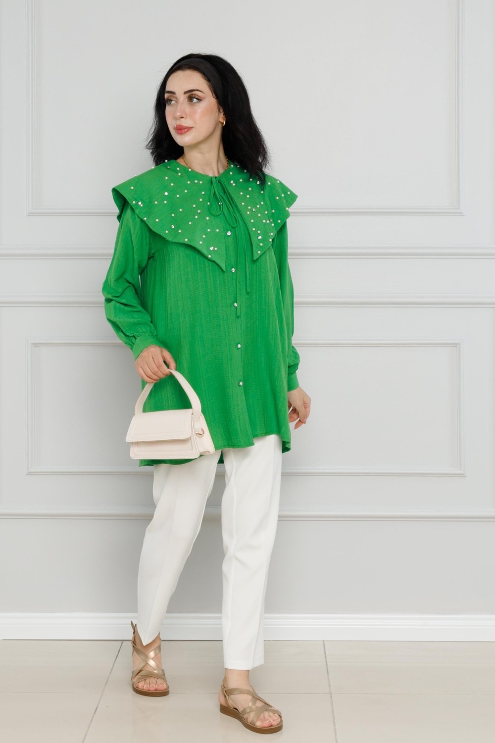 Sevitli Geniş Yaka Incili Tunik-Benetton Yeşili görsel 2