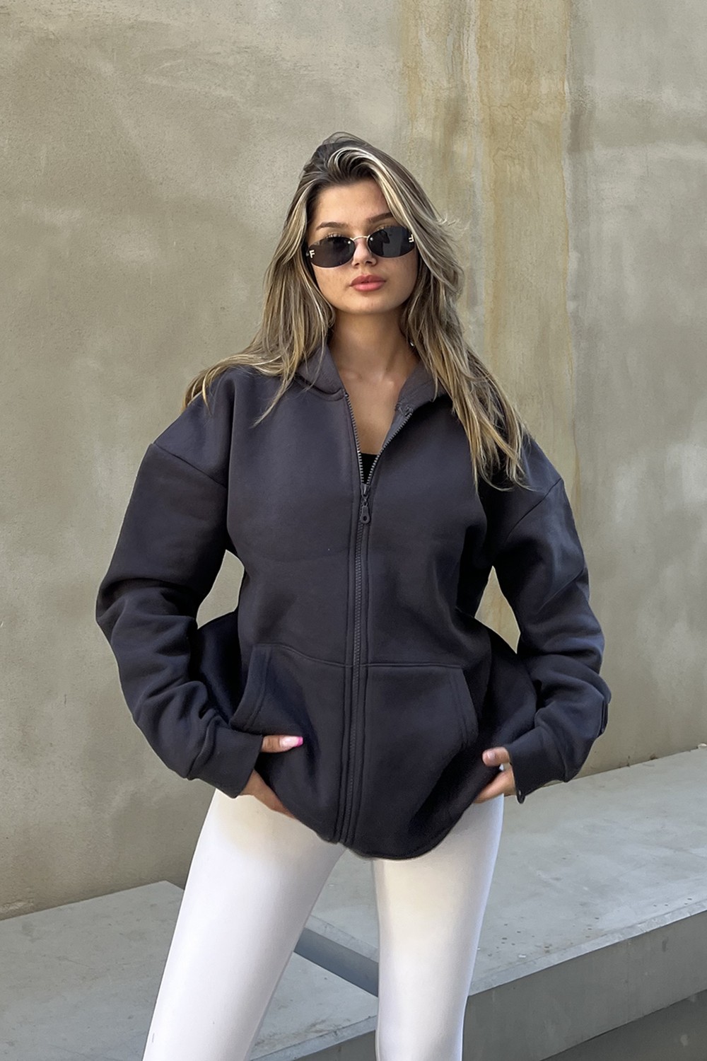 la & vetta Antrasit Kapüşonlu Oversize Fermuarlı Şardonlu Sweatshirt görsel 6