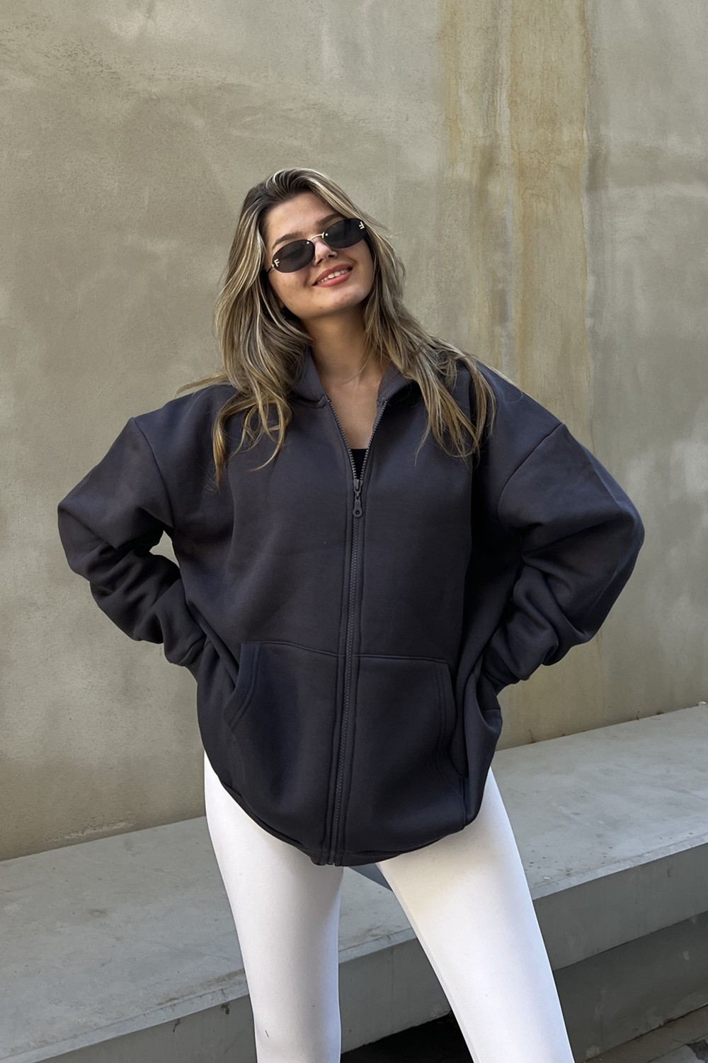la & vetta Antrasit Kapüşonlu Oversize Fermuarlı Şardonlu Sweatshirt görsel 7