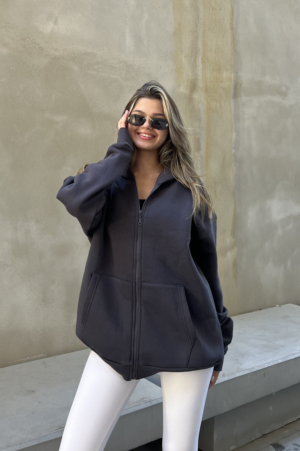 la & vetta Antrasit Kapüşonlu Oversize Fermuarlı Şardonlu Sweatshirt görsel 8