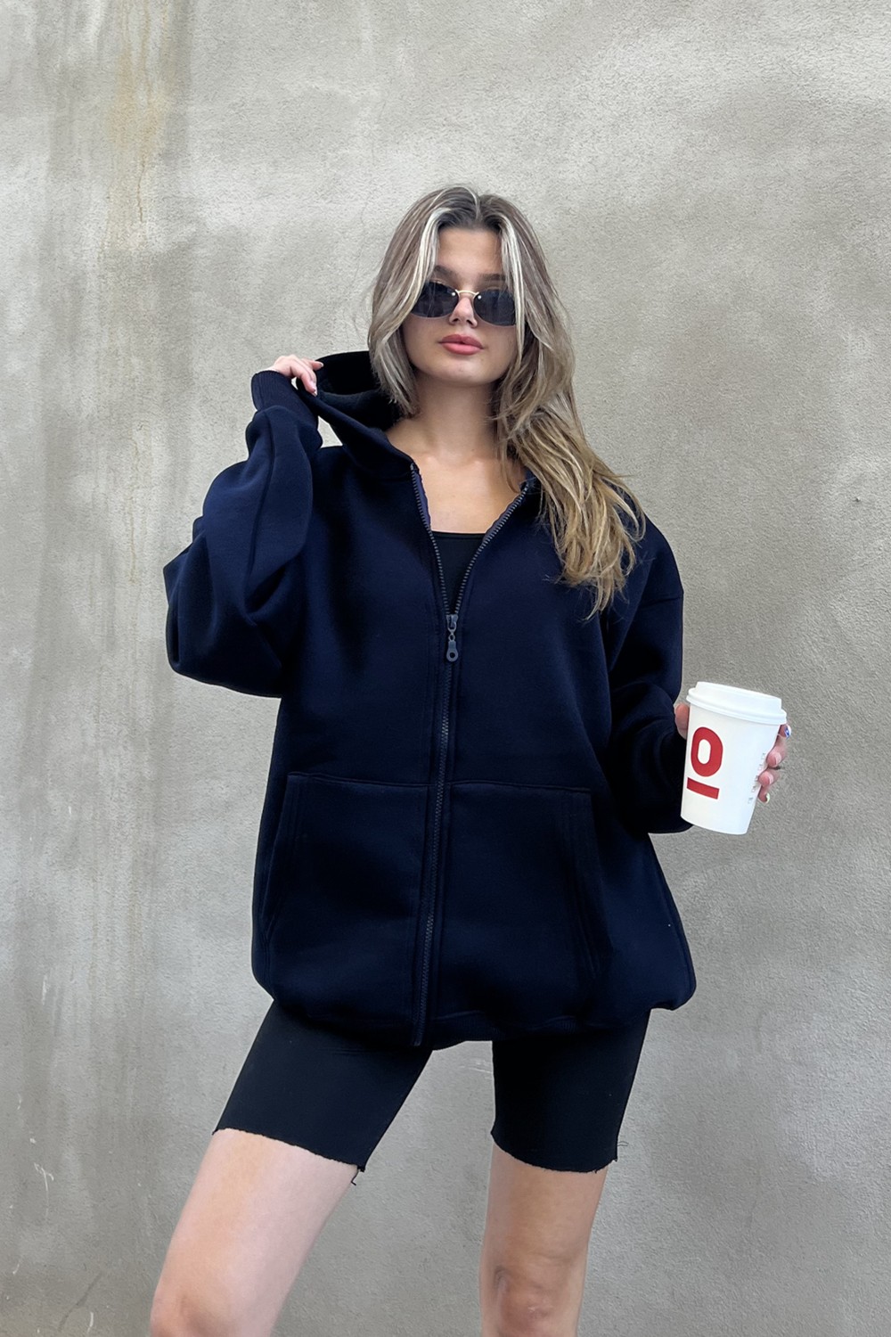 la & vetta Antrasit Kapüşonlu Oversize Fermuarlı Şardonlu Sweatshirt