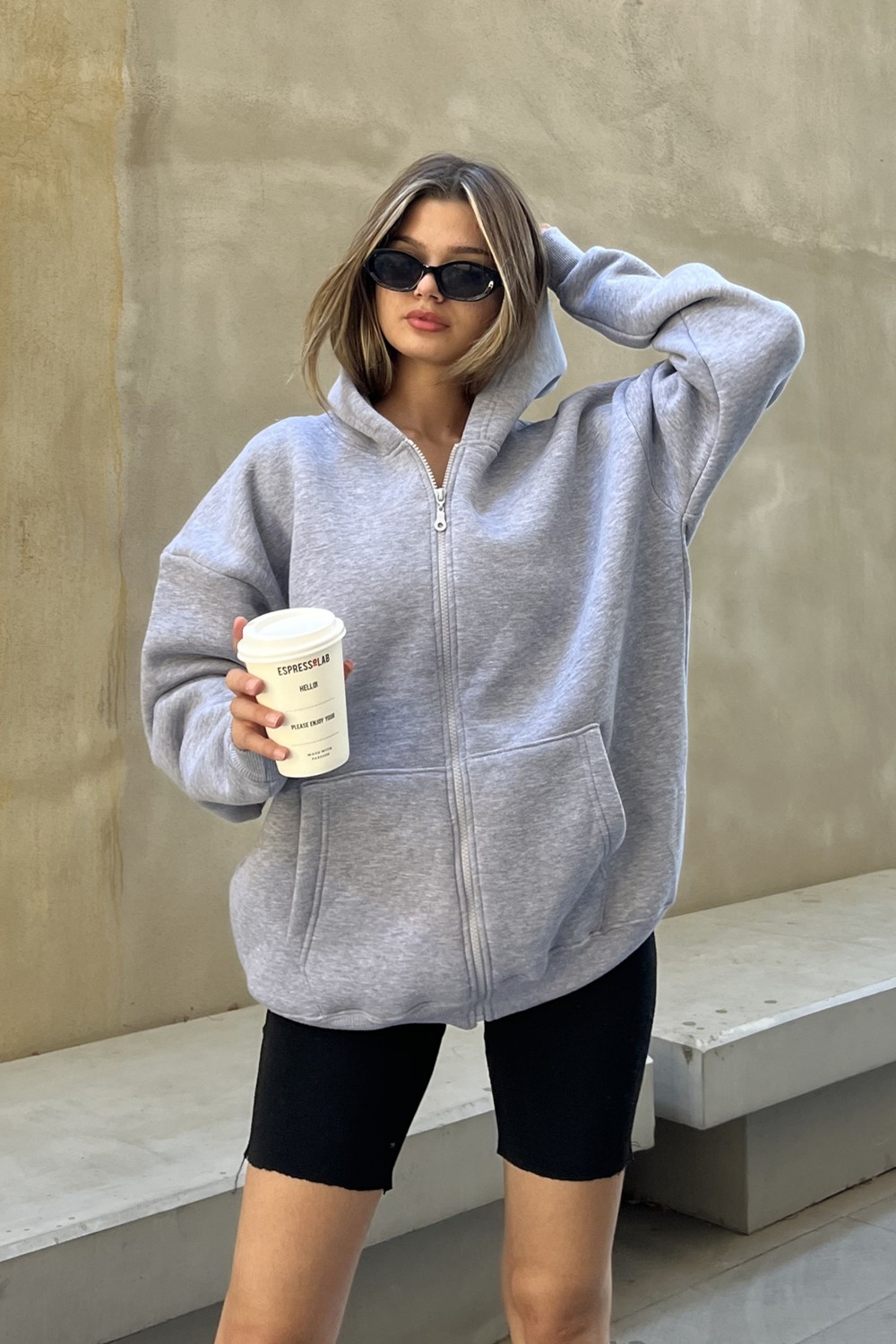 la & vetta Antrasit Kapüşonlu Oversize Fermuarlı Şardonlu Sweatshirt