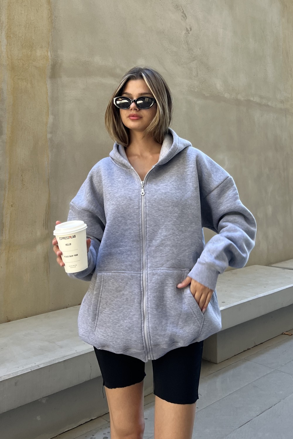 la & vetta Antrasit Kapüşonlu Oversize Fermuarlı Şardonlu Sweatshirt görsel 2