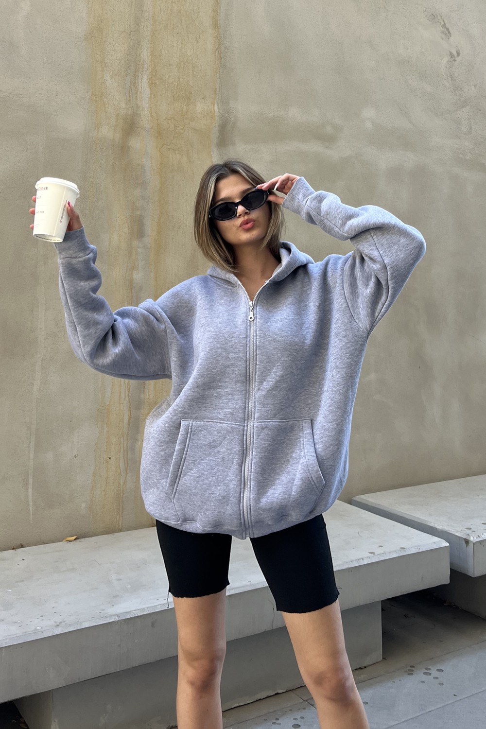 la & vetta Antrasit Kapüşonlu Oversize Fermuarlı Şardonlu Sweatshirt görsel 3