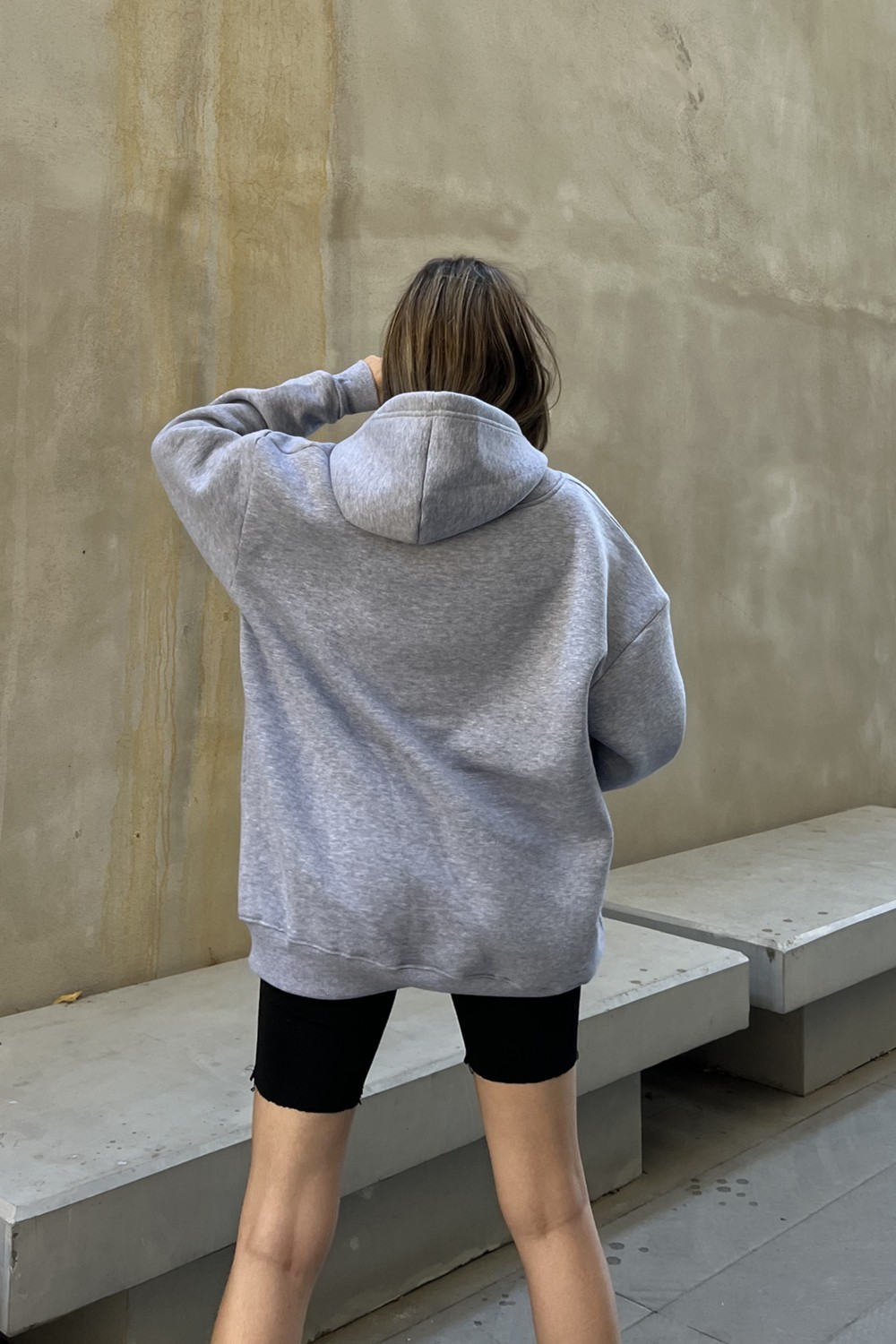 la & vetta Antrasit Kapüşonlu Oversize Fermuarlı Şardonlu Sweatshirt görsel 4