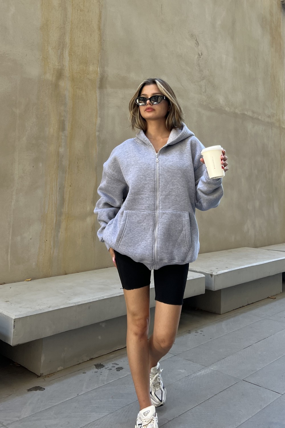 la & vetta Antrasit Kapüşonlu Oversize Fermuarlı Şardonlu Sweatshirt görsel 5