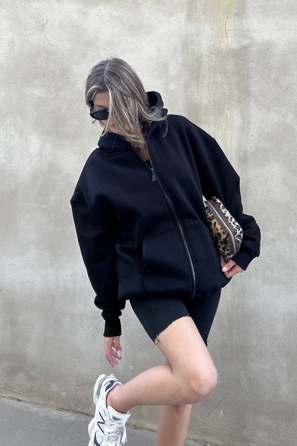 la & vetta Antrasit Kapüşonlu Oversize Fermuarlı Şardonlu Sweatshirt