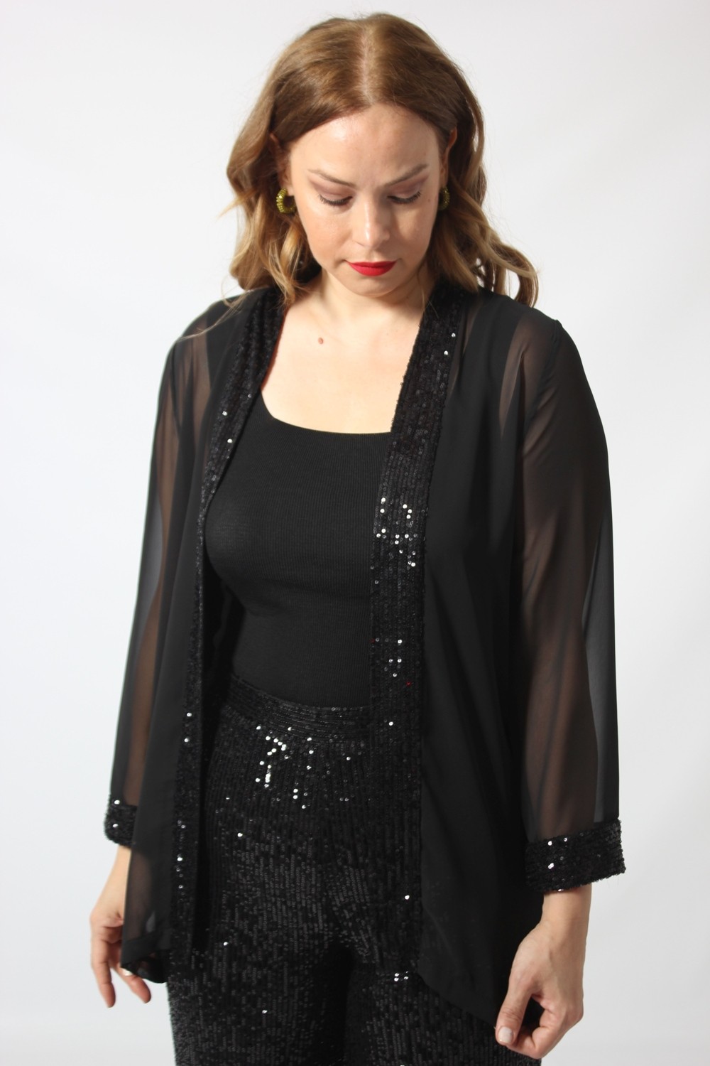 Moda Berray Kadın Payet Detaylı Şifon Blazer Ceket Siyah Modern Kesim Büyük Beden