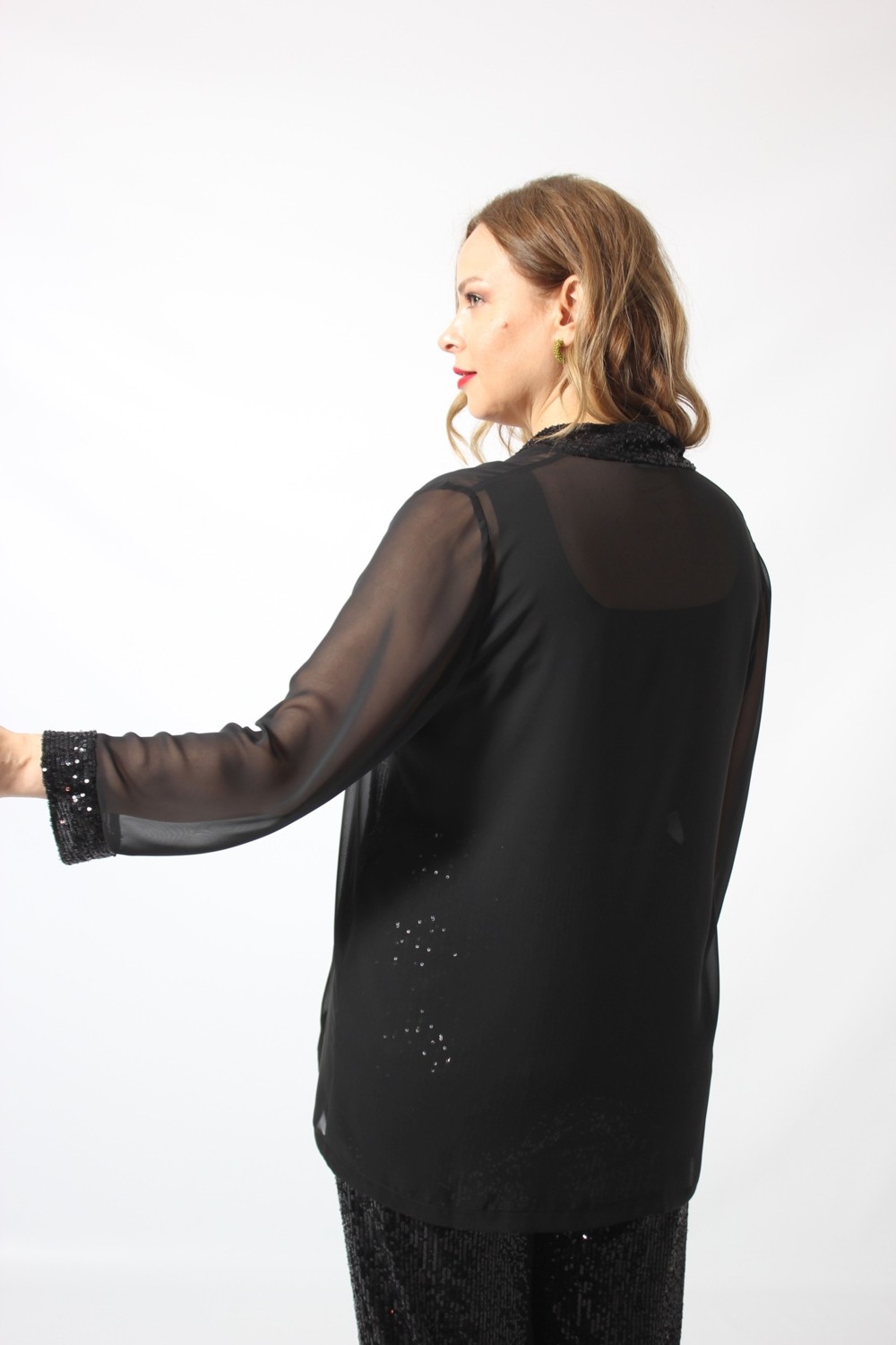 Moda Berray Kadın Payet Detaylı Şifon Blazer Ceket Siyah Modern Kesim Büyük Beden görsel 2