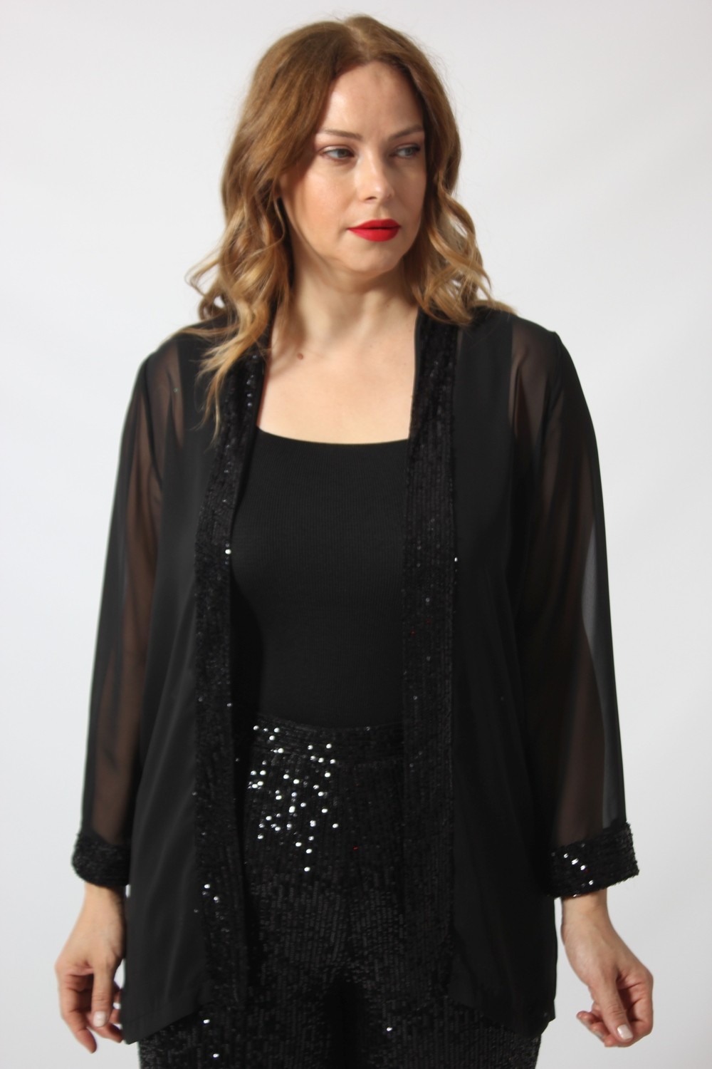 Moda Berray Kadın Payet Detaylı Şifon Blazer Ceket Siyah Modern Kesim Büyük Beden görsel 4