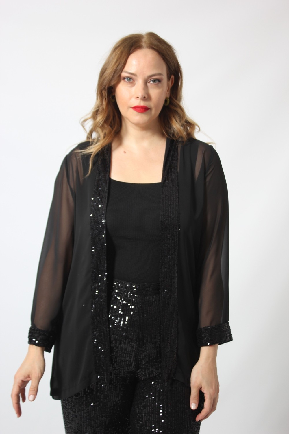 Moda Berray Kadın Payet Detaylı Şifon Blazer Ceket Siyah Modern Kesim Büyük Beden görsel 5