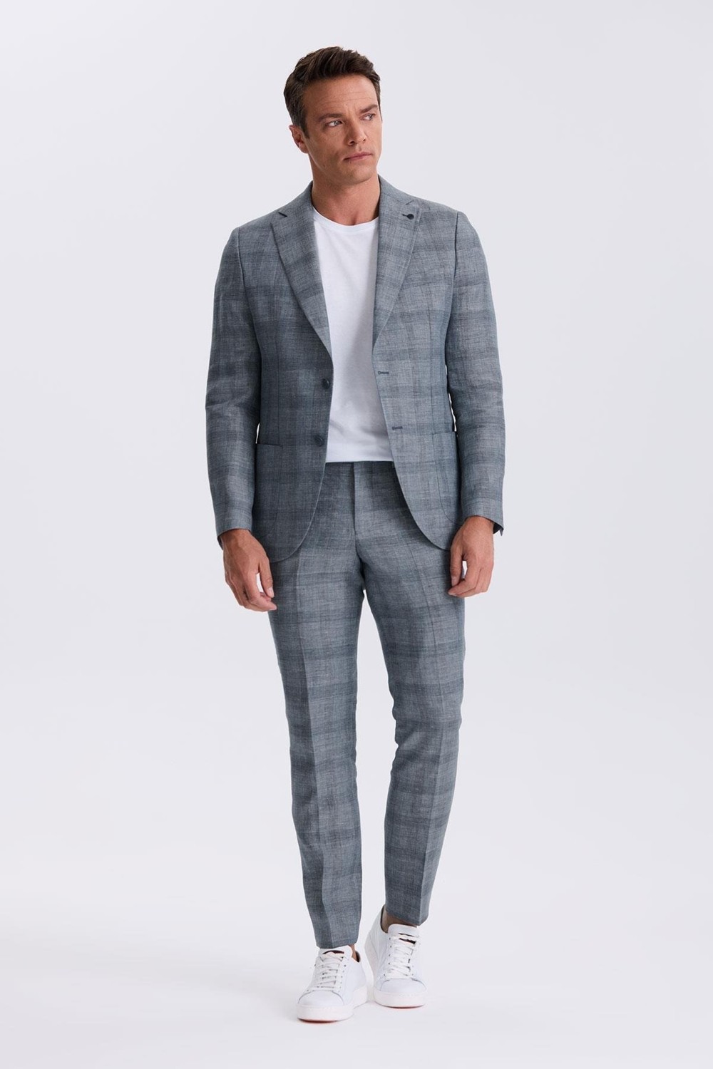 Jakamen Lacivert Slim Fit Mono Yaka Kareli Torba Cepli %100 Keten Takım Elbise