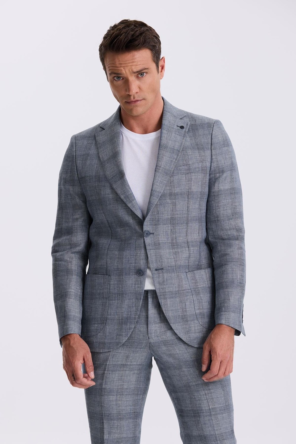 Jakamen Lacivert Slim Fit Mono Yaka Kareli Torba Cepli %100 Keten Takım Elbise görsel 2