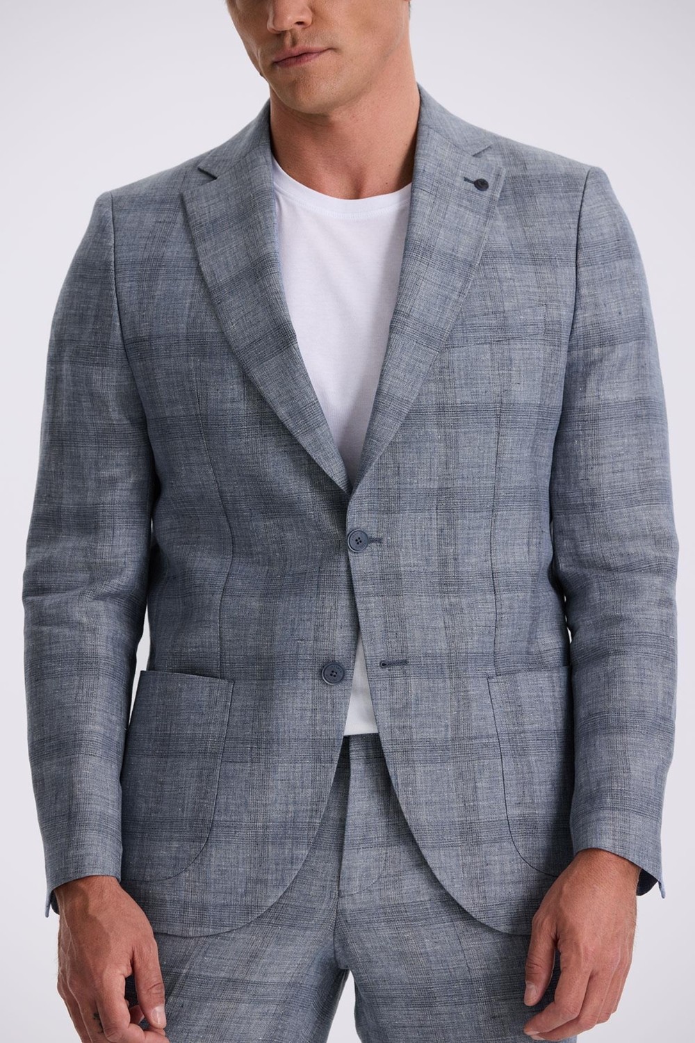 Jakamen Lacivert Slim Fit Mono Yaka Kareli Torba Cepli %100 Keten Takım Elbise görsel 3