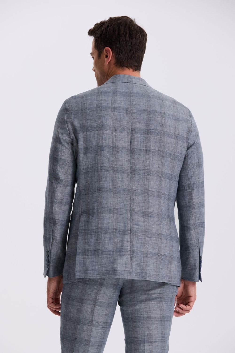 Jakamen Lacivert Slim Fit Mono Yaka Kareli Torba Cepli %100 Keten Takım Elbise görsel 4