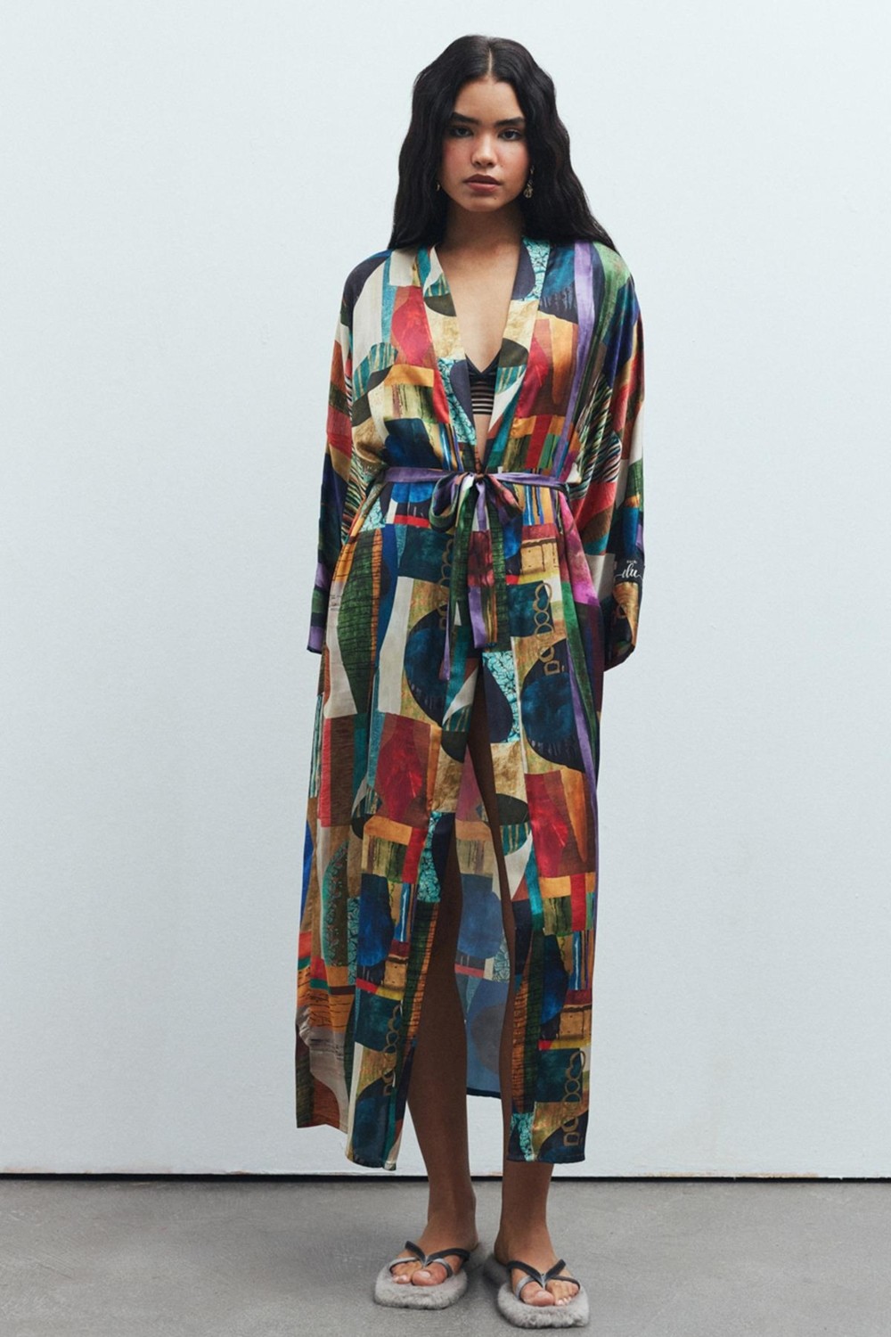 Feu De Elu Frappant Coloré Desenli Uzun Saten Sabahlık / Kimono