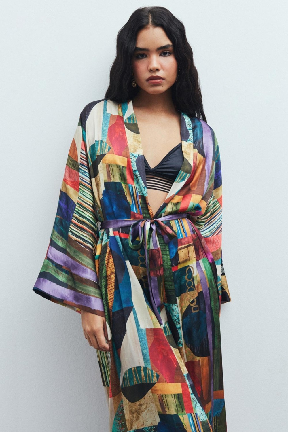 Feu De Elu Frappant Coloré Desenli Uzun Saten Sabahlık / Kimono görsel 2