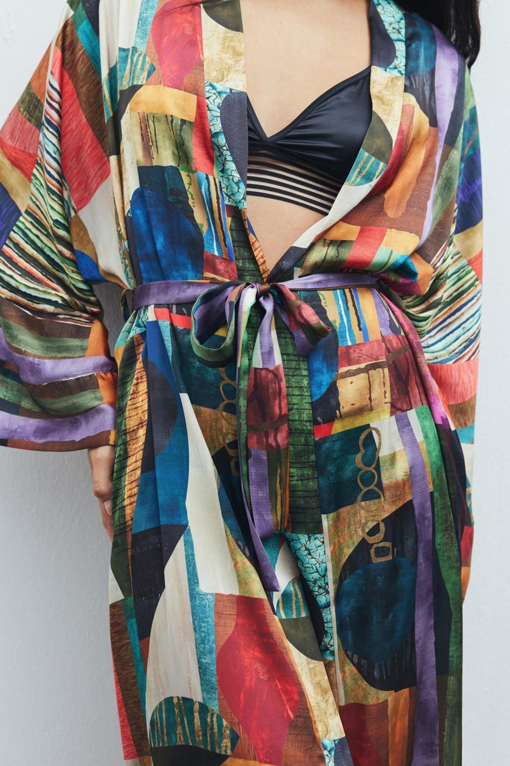 Feu De Elu Frappant Coloré Desenli Uzun Saten Sabahlık / Kimono görsel 3
