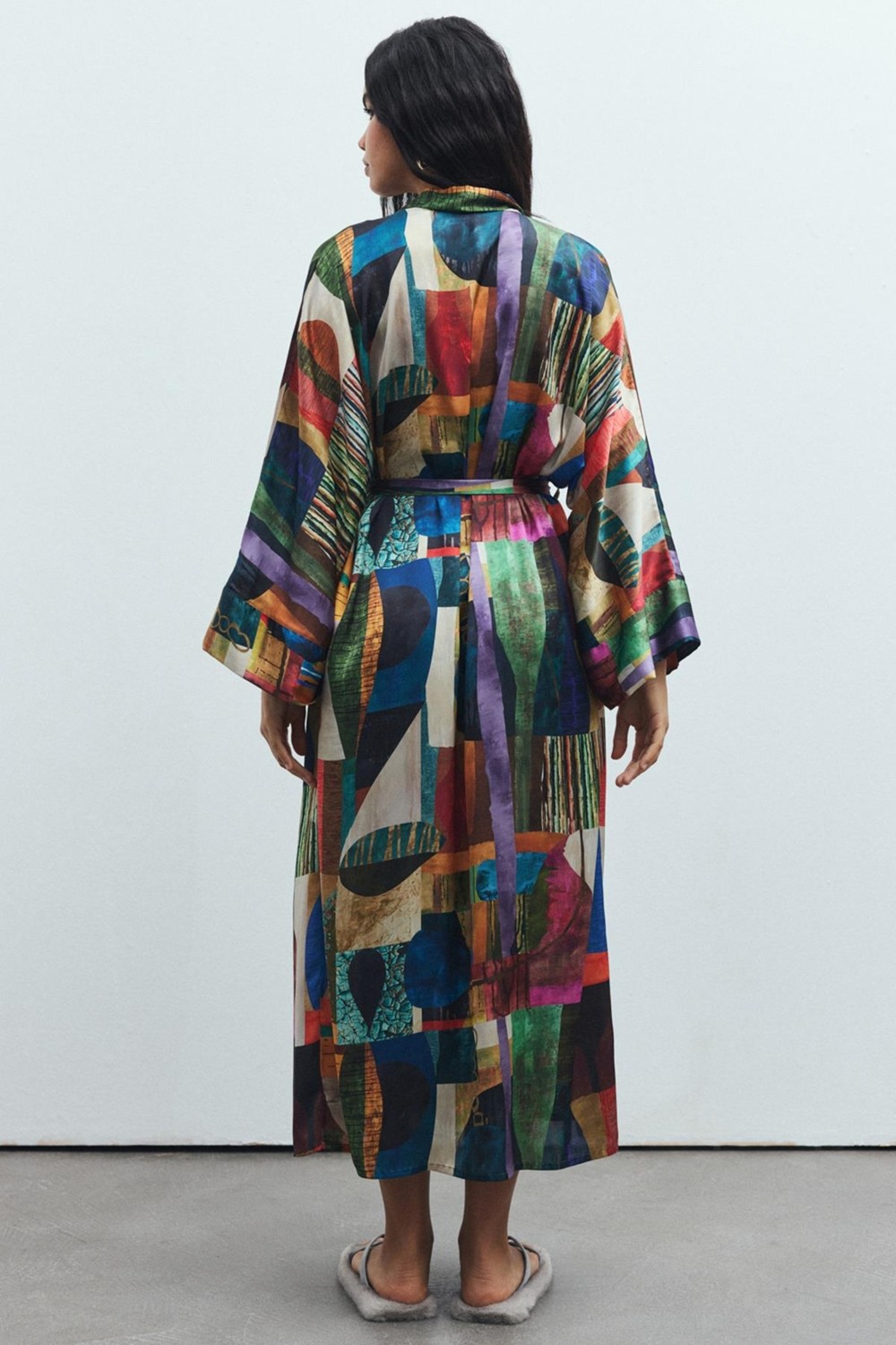 Feu De Elu Frappant Coloré Desenli Uzun Saten Sabahlık / Kimono görsel 4