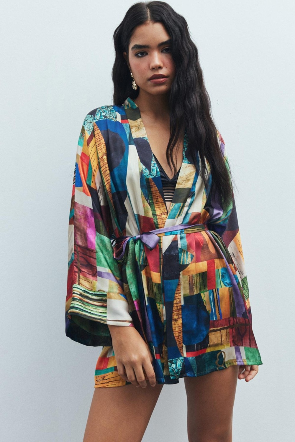 Feu De Elu Fumée Coloré Desenli Kısa Saten Sabahlık / Kimono