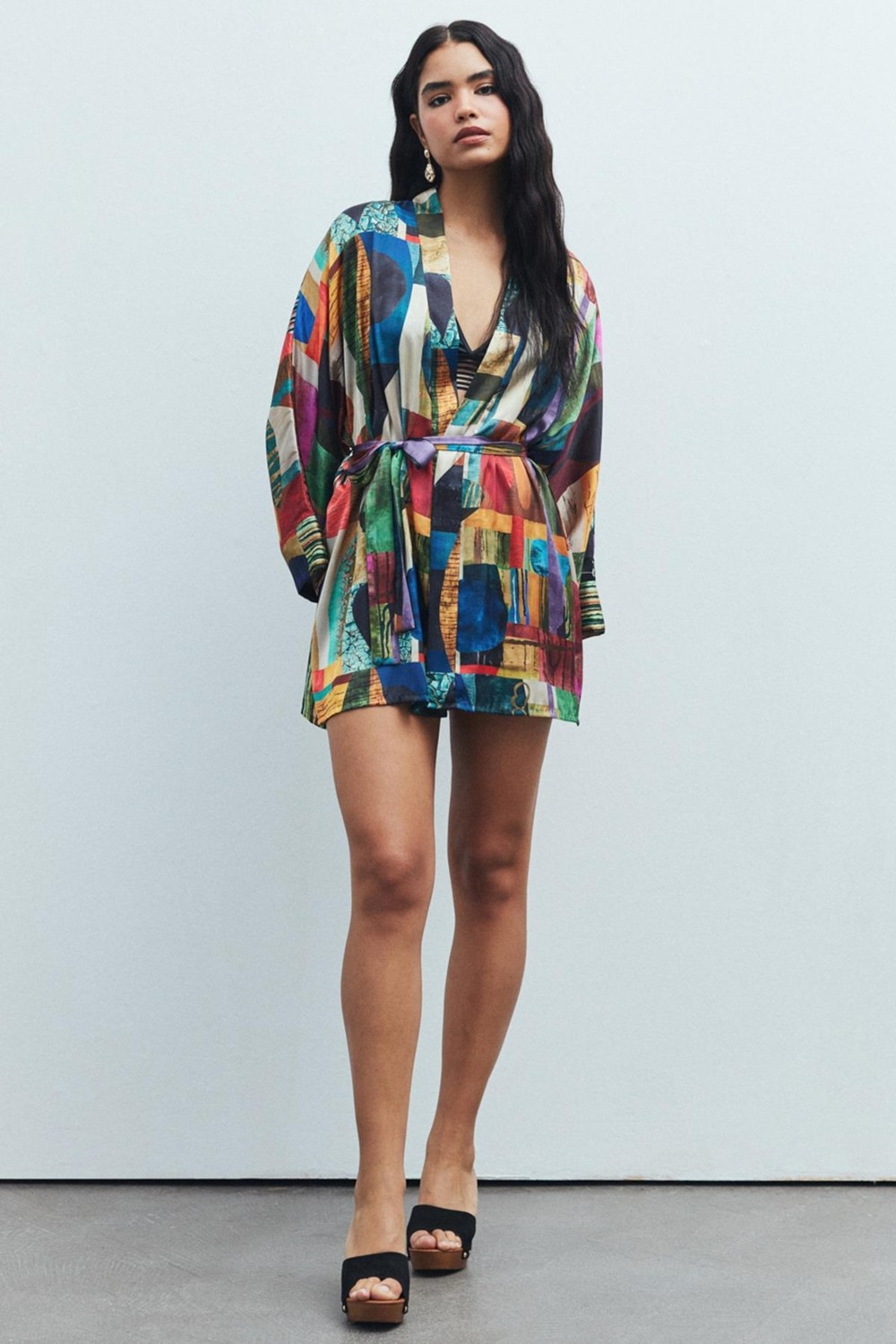 Feu De Elu Fumée Coloré Desenli Kısa Saten Sabahlık / Kimono görsel 2