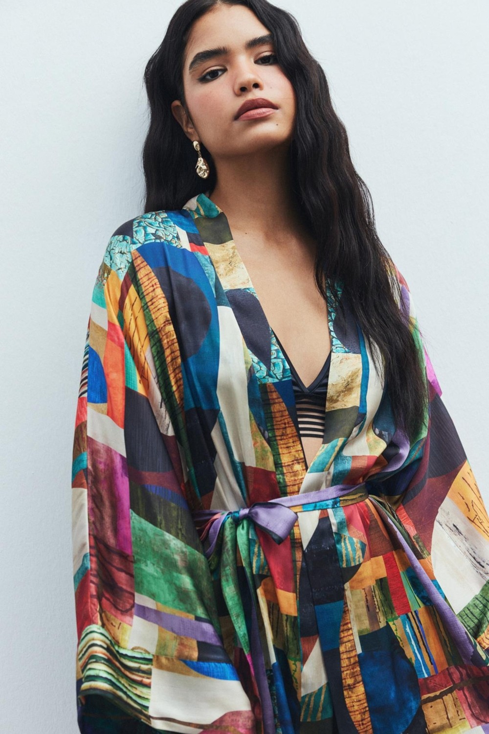 Feu De Elu Fumée Coloré Desenli Kısa Saten Sabahlık / Kimono görsel 3