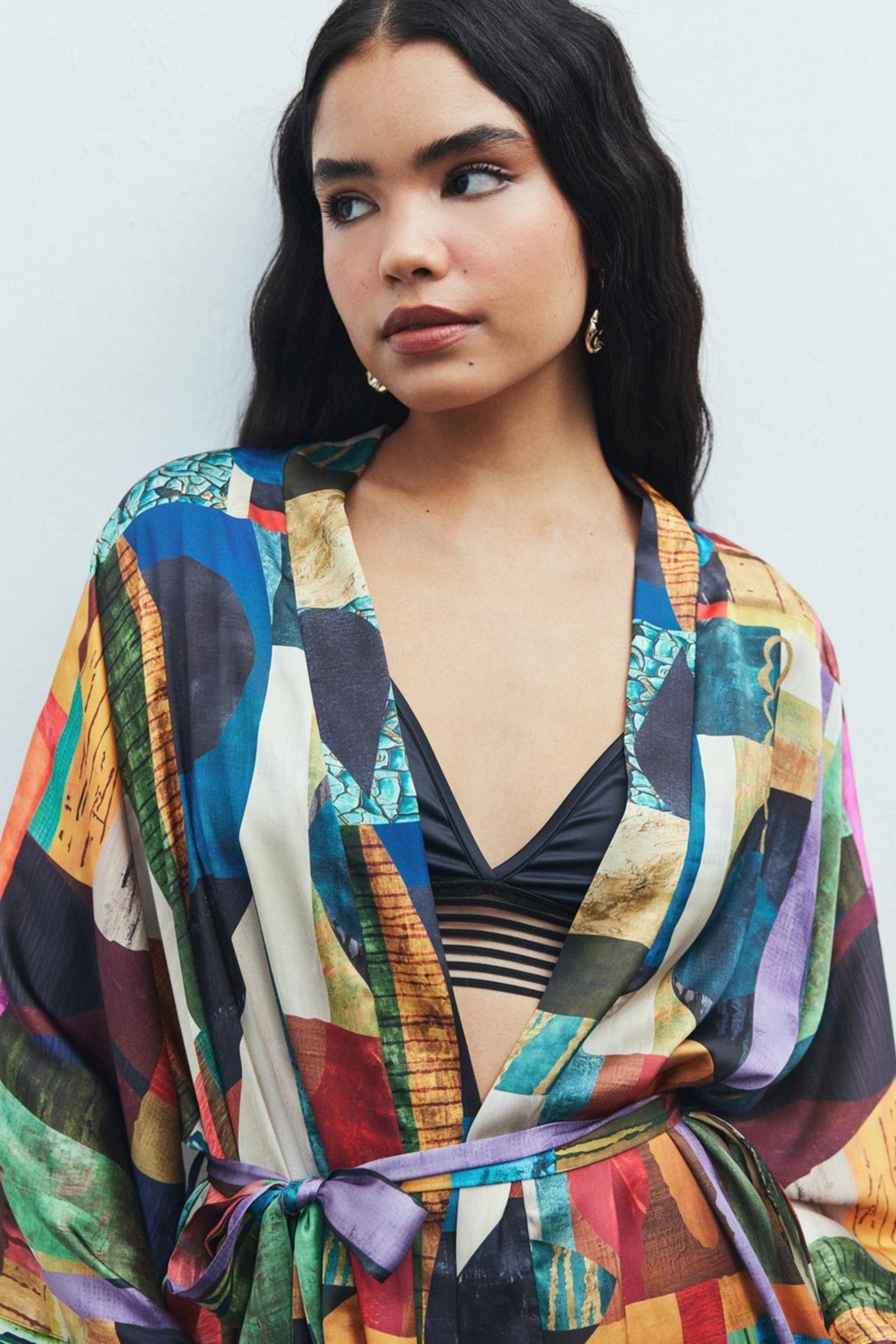 Feu De Elu Fumée Coloré Desenli Kısa Saten Sabahlık / Kimono görsel 4