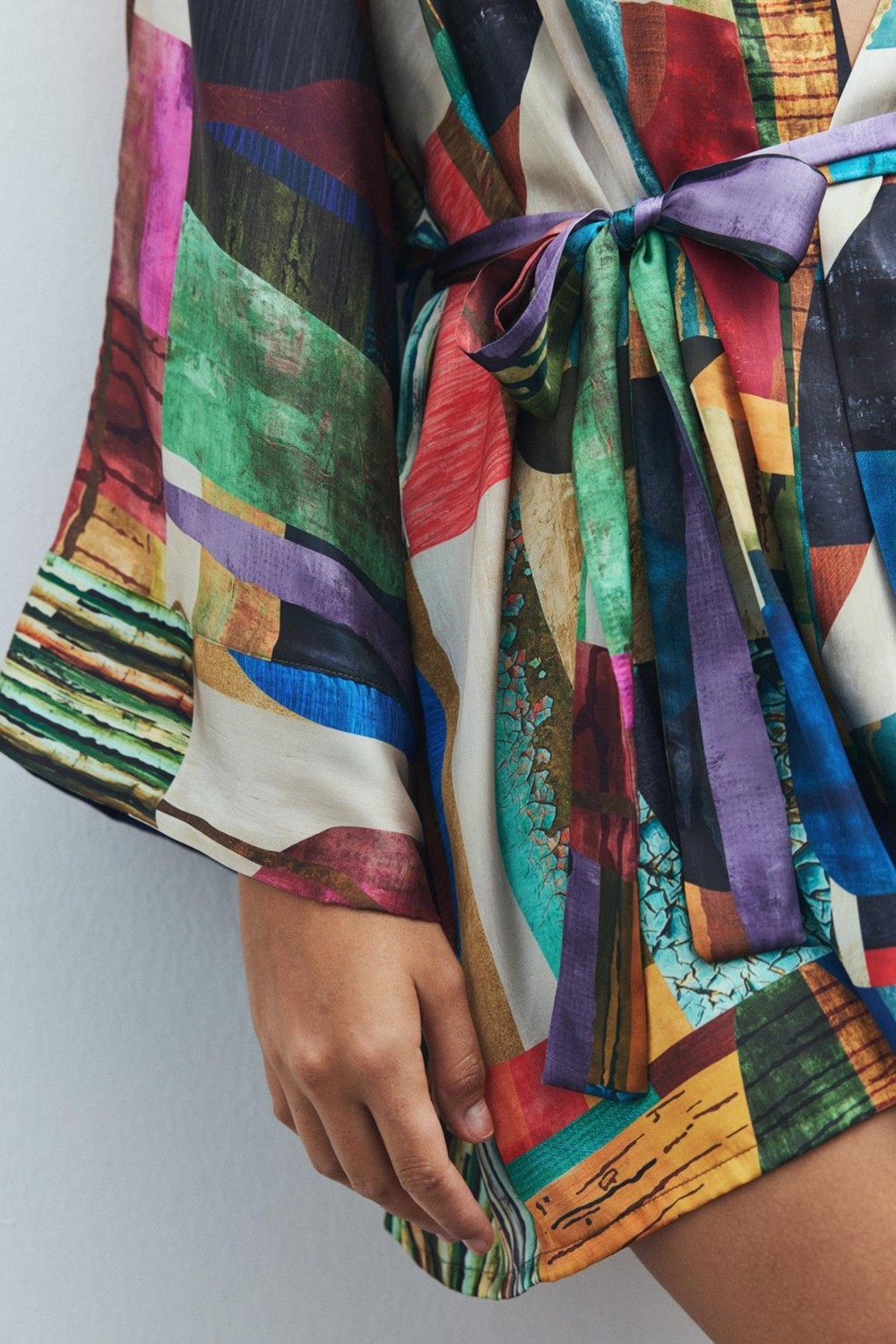 Feu De Elu Fumée Coloré Desenli Kısa Saten Sabahlık / Kimono görsel 5