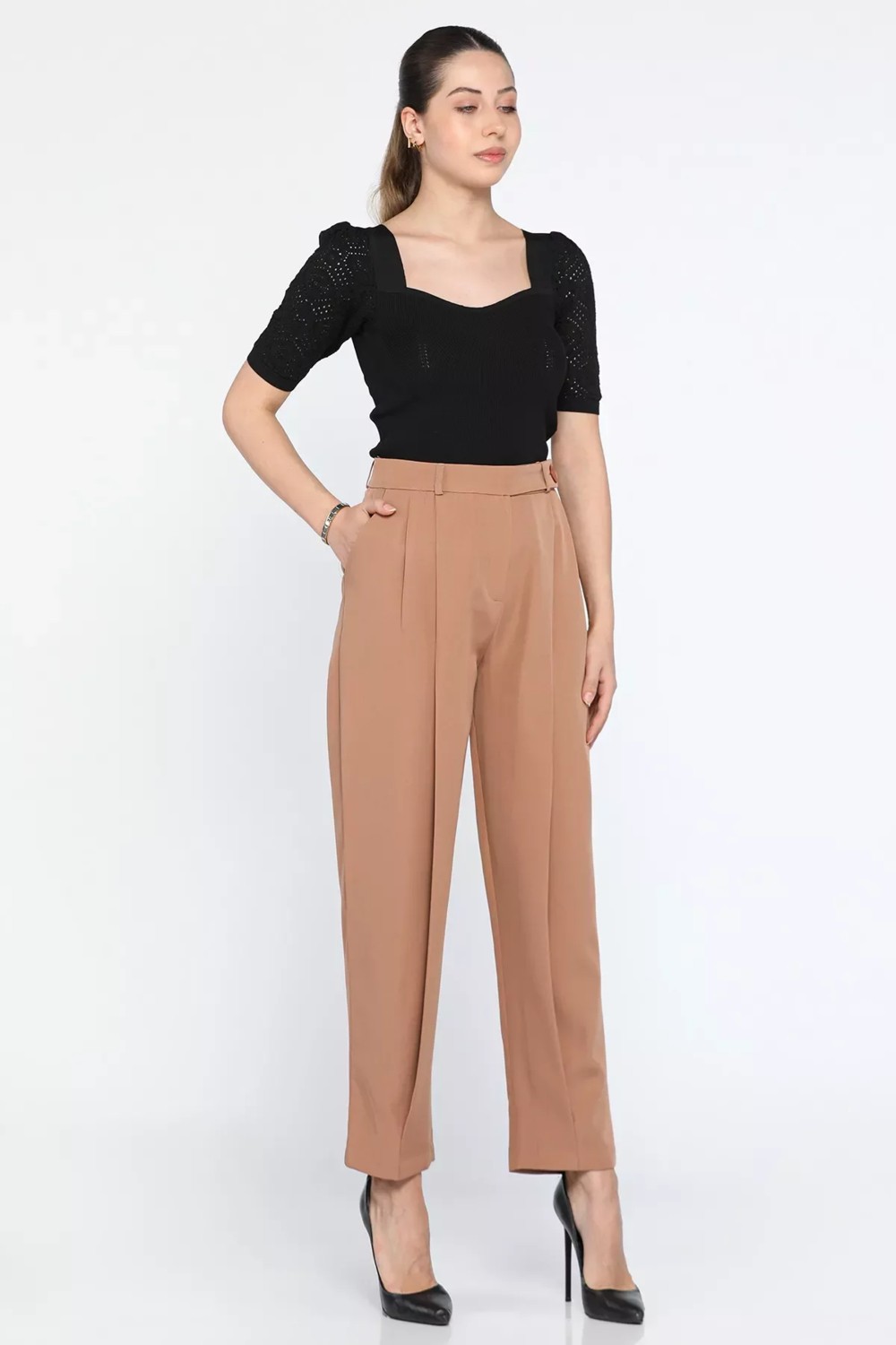 Julude Camel Yüksek Bel Pileli Kadın Bol Kesim Kumaş Pantolon P-00009956